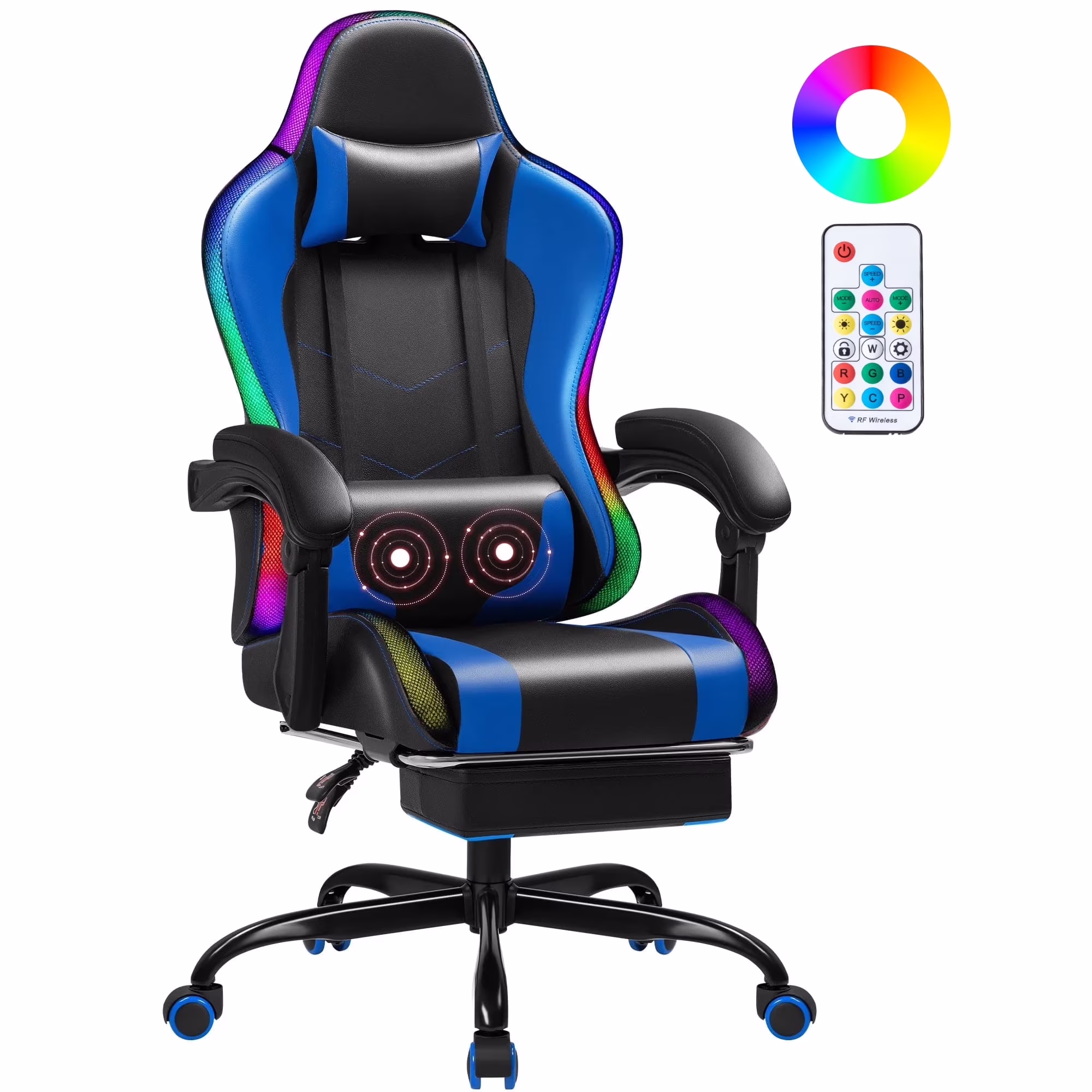 Homall RGB Gaming Chair with Massage and LED Lights Ergonomic Computer Chair with Footrest & Adjustable Lumbar Support, White