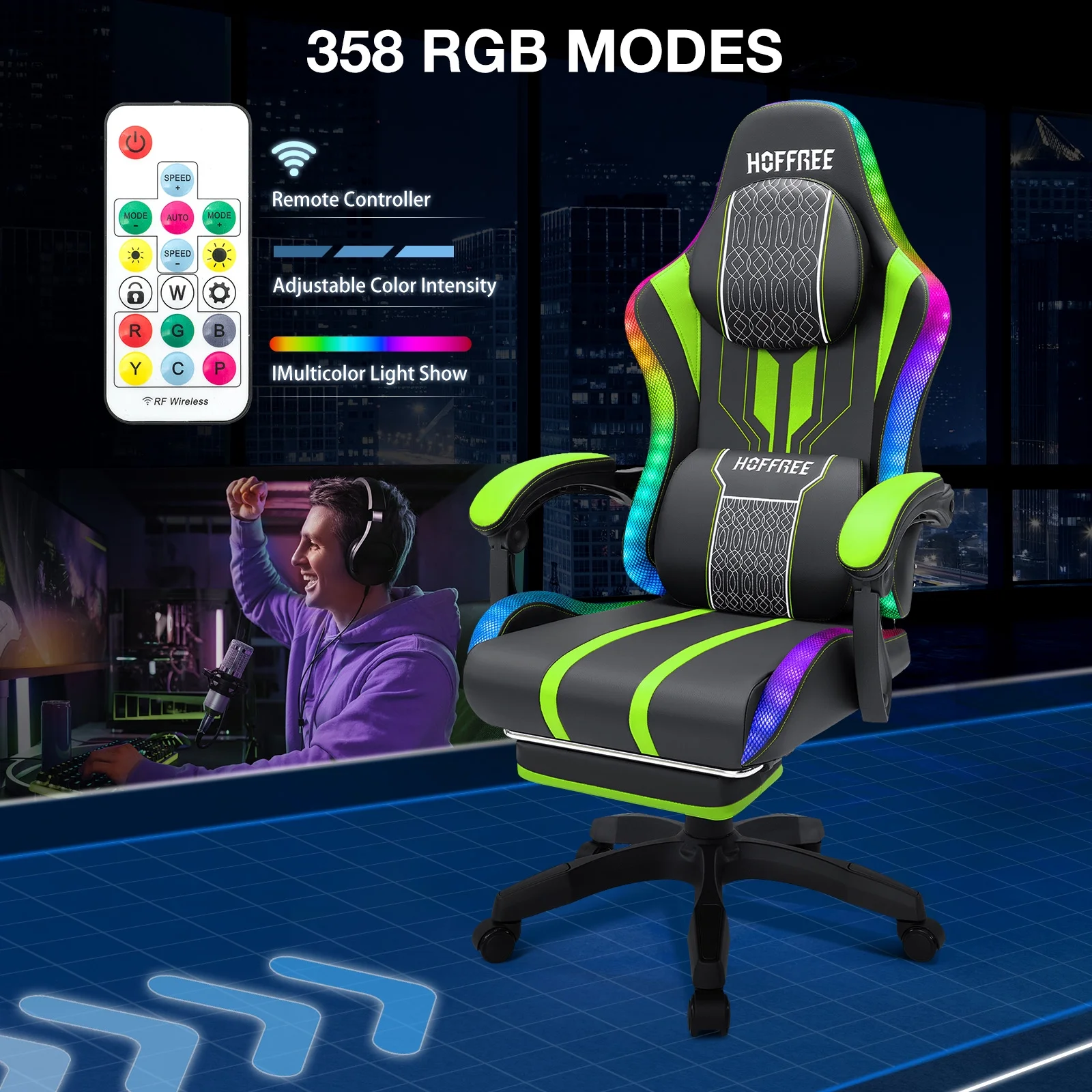 HOFFREE Big and Tall Gaming Chair with Speakers and RGB Lights, Gamer Chair with Footrest, Lumbar Support Height Adjustable 360-Swivel Seat and Headrest for Adults, 400lbs