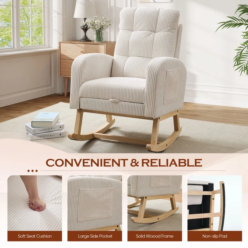 FFH Rocking Chair Nursery, Tufted Accent Rocker Chair, Upholstered Armchair with Adjustable Footrest, Side Pocket, High Backrest, Padded Seat, Polyester Blend (Retro, Dark Gray)