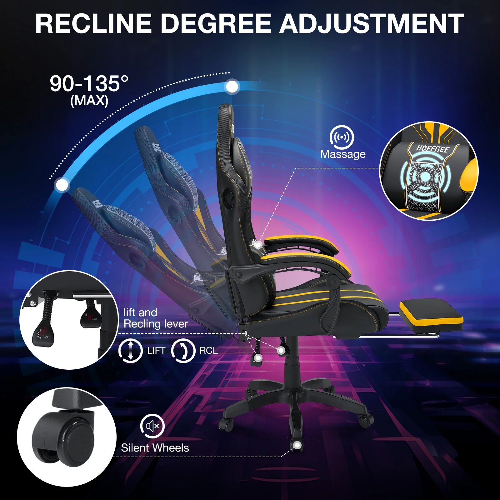 HOFFREE Big and Tall Gaming Chair with Speakers and RGB Lights, Gamer Chair with Footrest, Lumbar Support Height Adjustable 360-Swivel Seat and Headrest for Adults, 400lbs