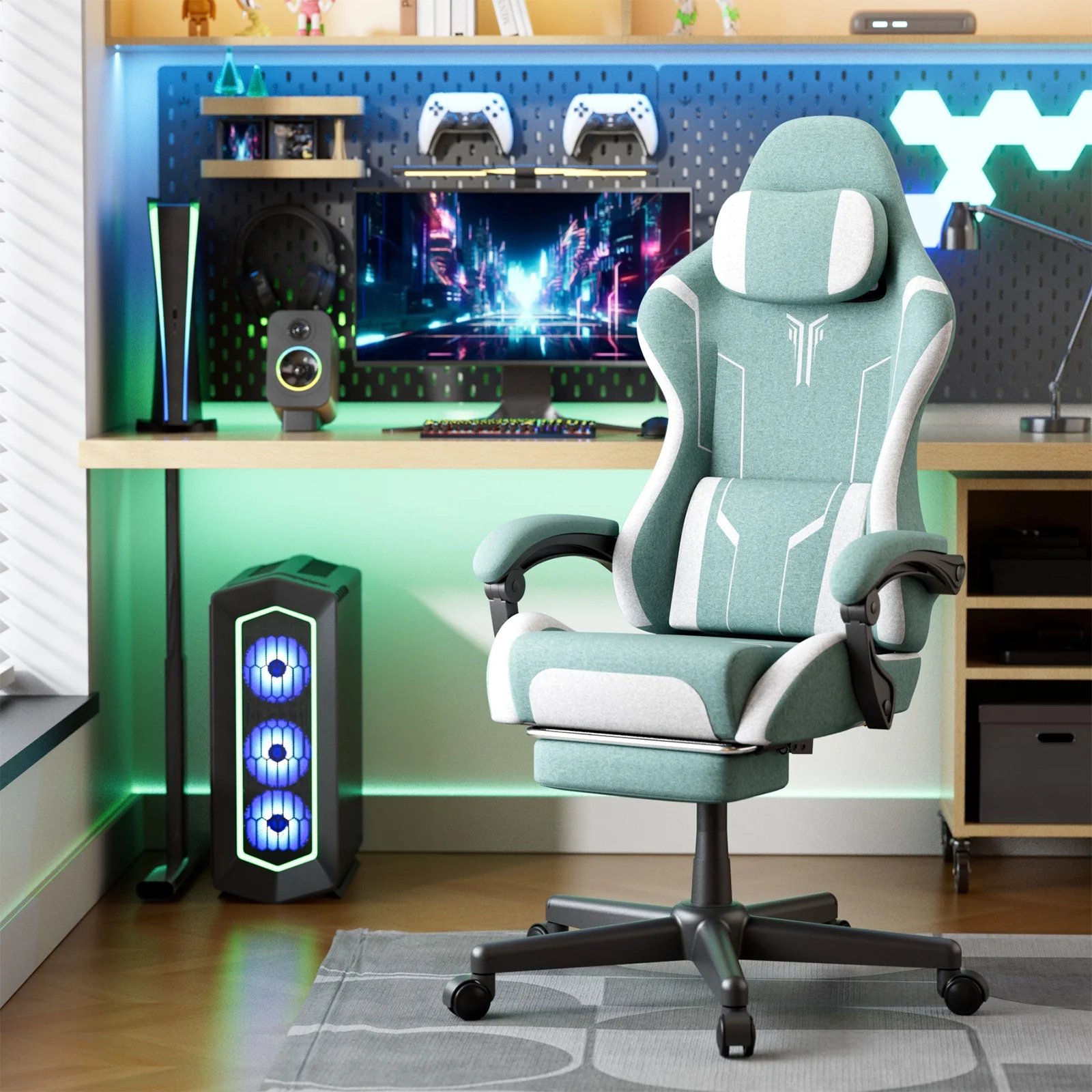 SOONTRANS Gaming Chair for Adults, Velvet Fabric High Back Comfortable Video Game Chair with Footrest and Massage Lumbar Cushion, Racing Computer Desk Chair, Ergonomic Gamer Chair, Black/Grey