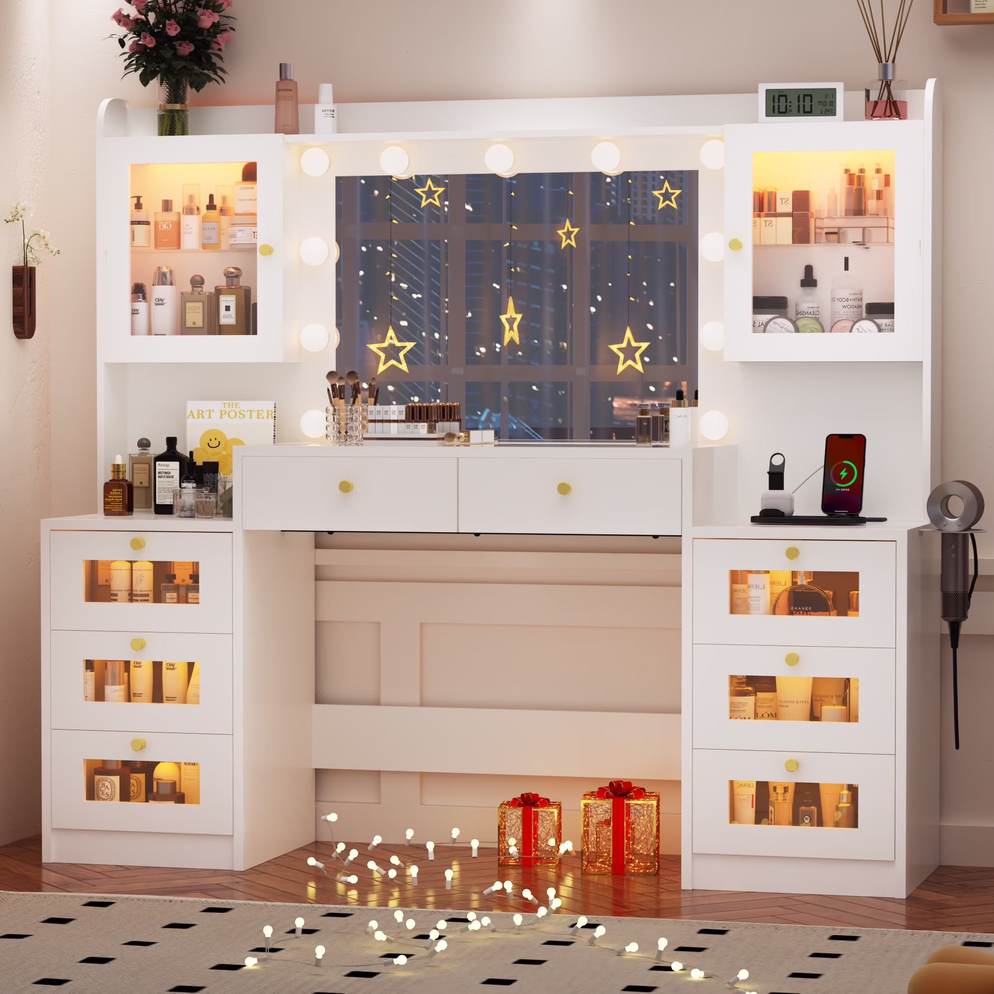 ChVans 62'' Large Vanity Desk with Tempered Glass Top, 11 LED Bulbs, Charging Station, Bedroom Makeup Vanity with 3 Lights Mode LED Mirror, 6 Translucent Drawers, 2 RGB cabinets for Women, Girls Gift