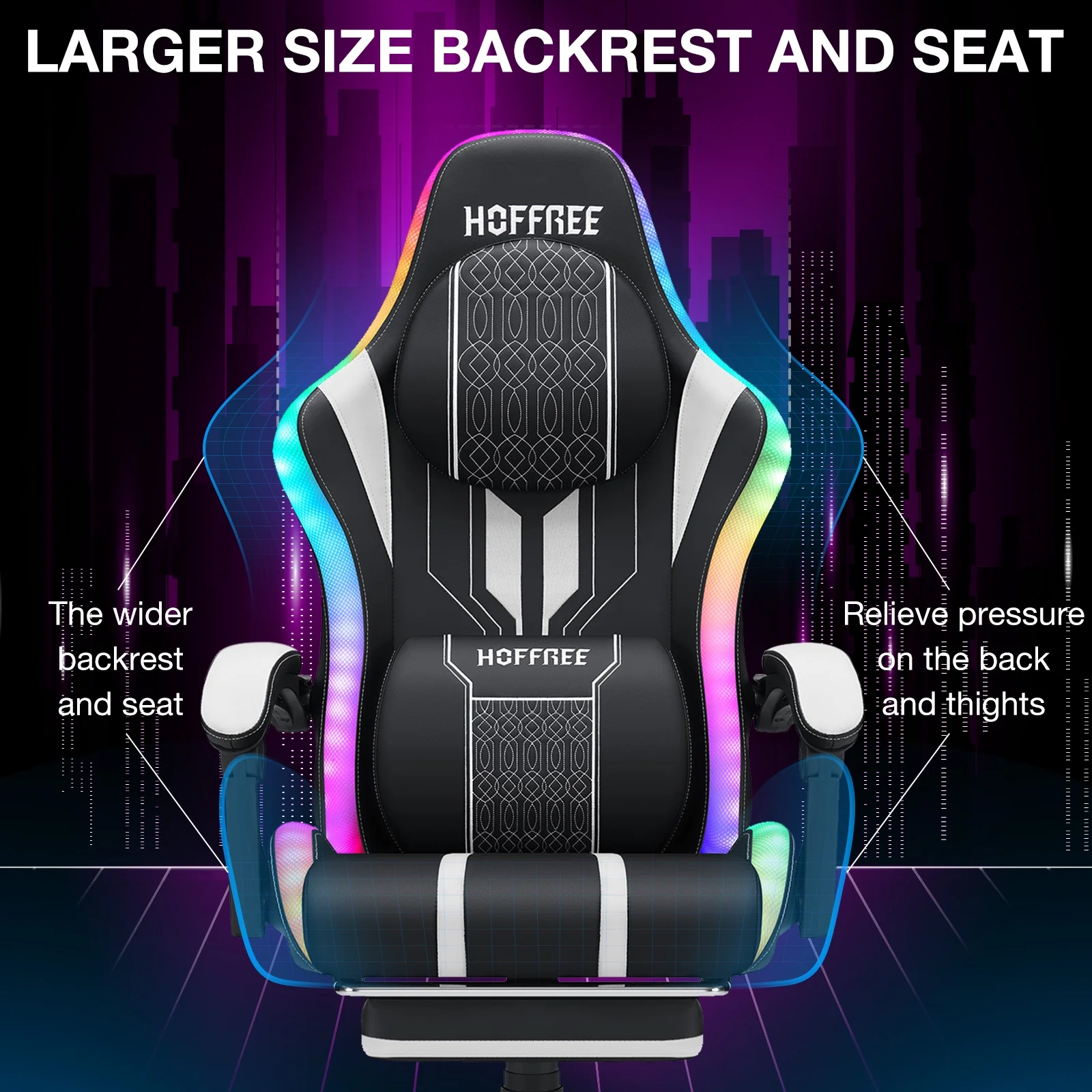 HOFFREE Big and Tall Gaming Chair with Speakers and RGB Lights, Gamer Chair with Footrest, Lumbar Support Height Adjustable 360-Swivel Seat and Headrest for Adults, 400lbs