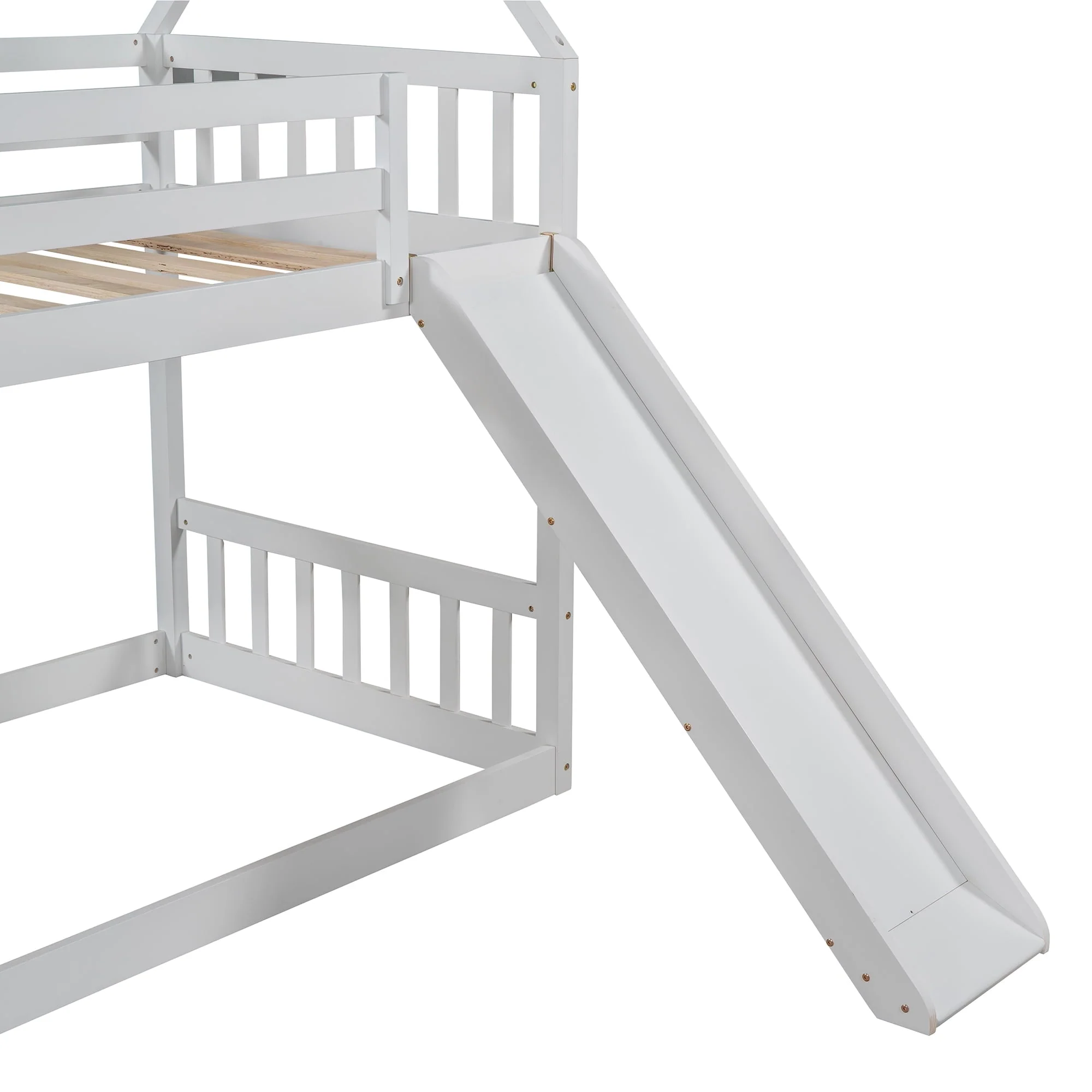 Low Bunk Bed with Slide and Stairs, Wood Twin Over Twin House Bunk Beds for Kids, Floor Bunk Bed with Stairway Easy Assembly (White)