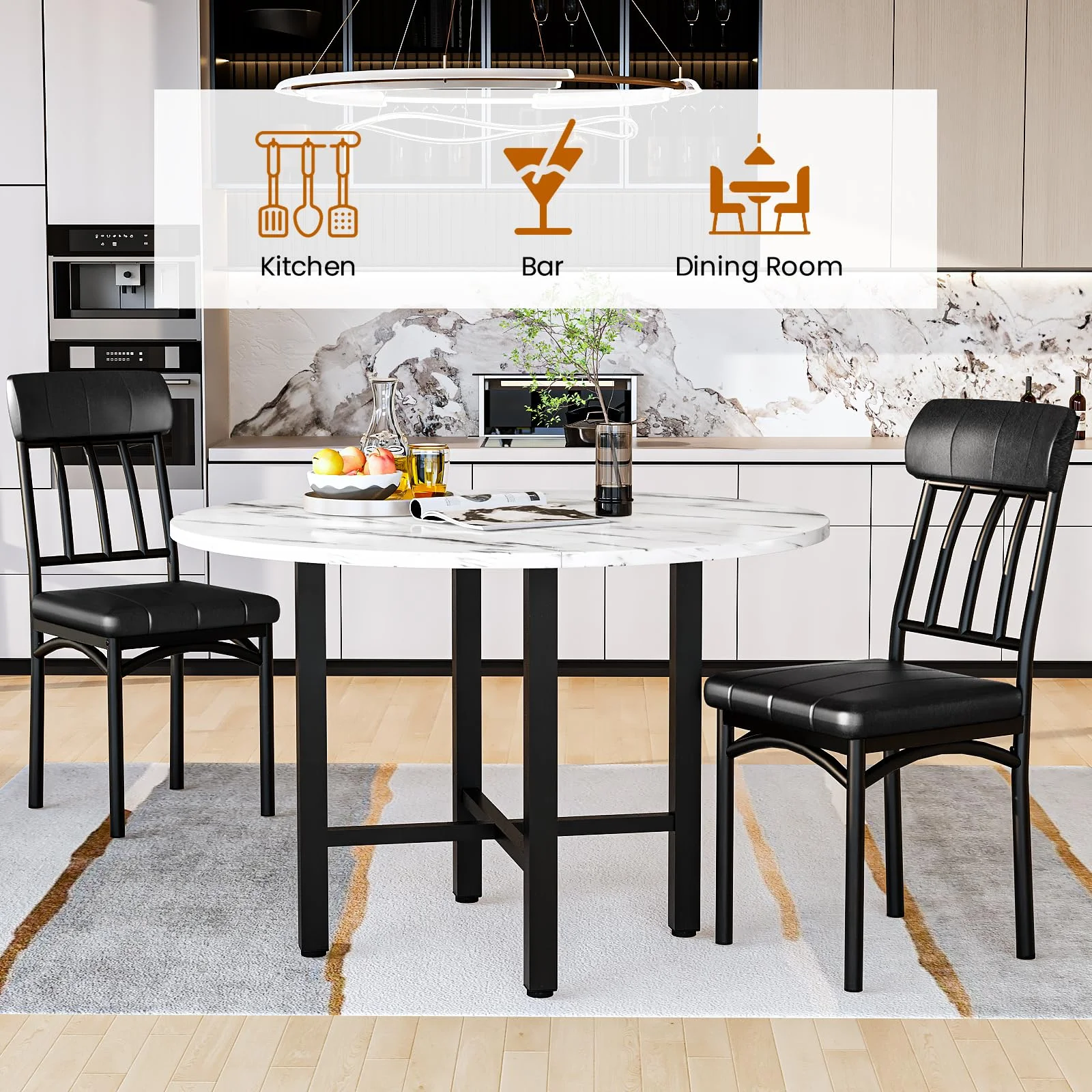 Furlinkhm Round Dining Table Set for 4, Wood Round Kitchen Table and Chairs Set for 4, Modern Dining Room Table Set with 4 Faux Leather Chairs, Round Dinner Table for Small Space, Walnut