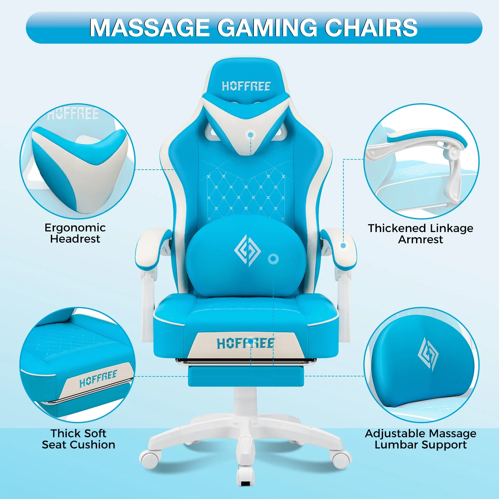 Hoffree Gaming Chair with Speakers PU Gamer Chair with footrest and massage Egonomic Computer Game Chair with Headrest and Lumbar Support for Adults and Office Gaming, 440 LBS