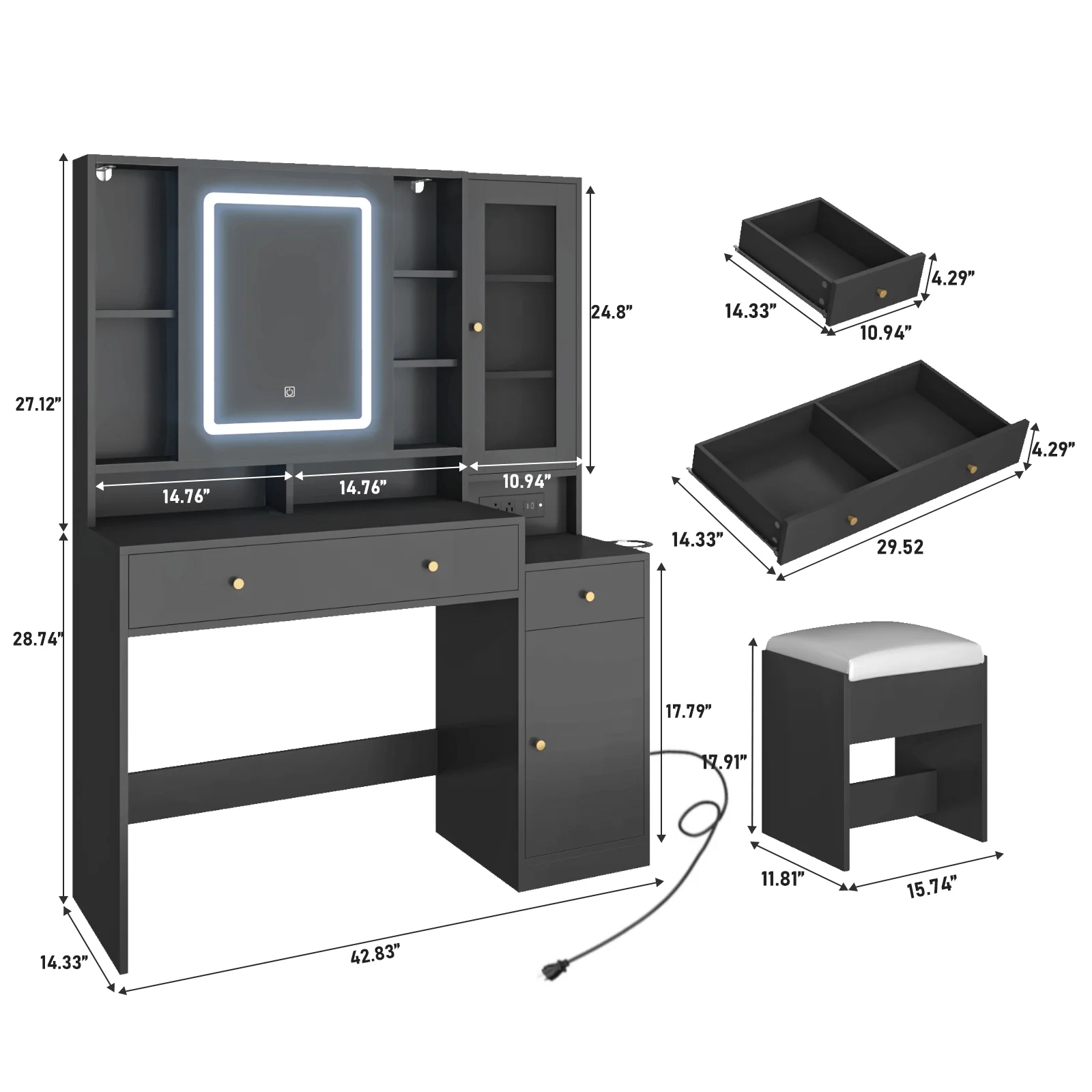 White Vanity Desk with Sliding Mirror & Lights, Vanity Table Makeup Desk with Charging Station 2 Drawers 2 Doors, Lots of Storage Shelves, Large Vanity Set with Cushioned Stool