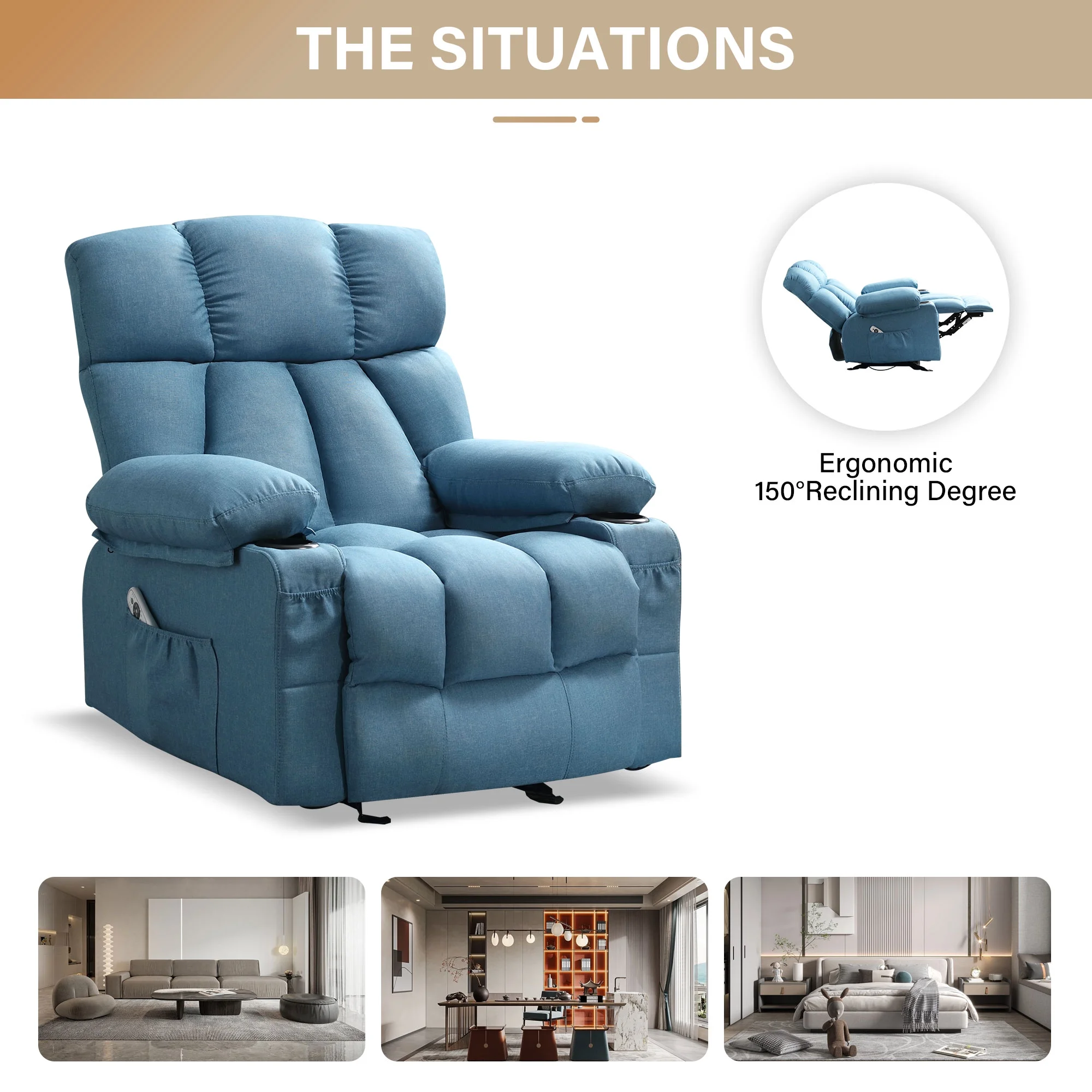 JONPONY Manual Recliner Chair with Heat Therapy and Massage Function, Heavy Duty Reclining Mechanism Massage Chair, Elderly Single Rocker Sofa with Cup Holders for Bedroom Home Theater,Grey