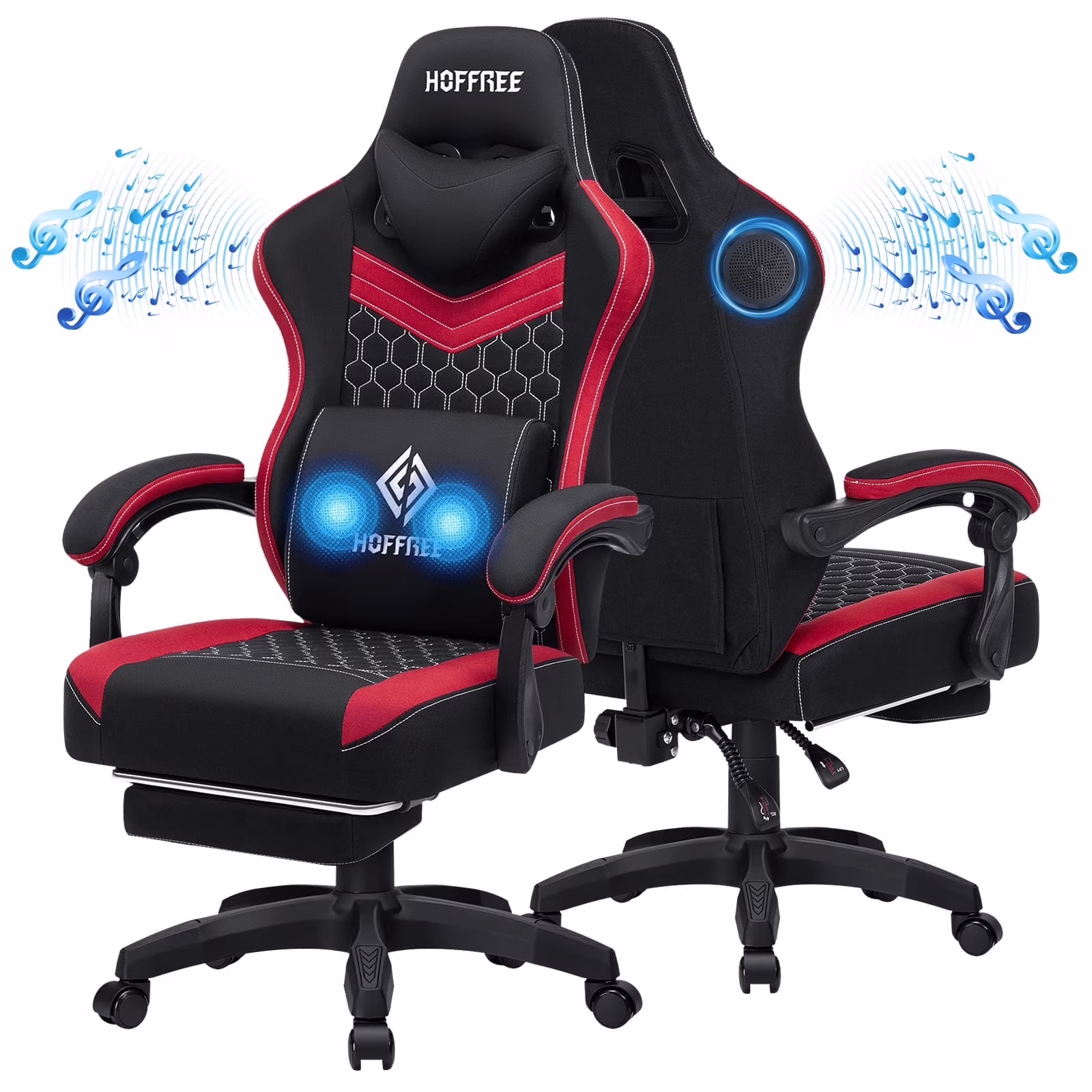 Hoffree Gaming Chair with Speakers Fabric Gamer Chair with footrest and massage Big and Tall Video Game Chair with Headrest and Lumbar Support for Adults