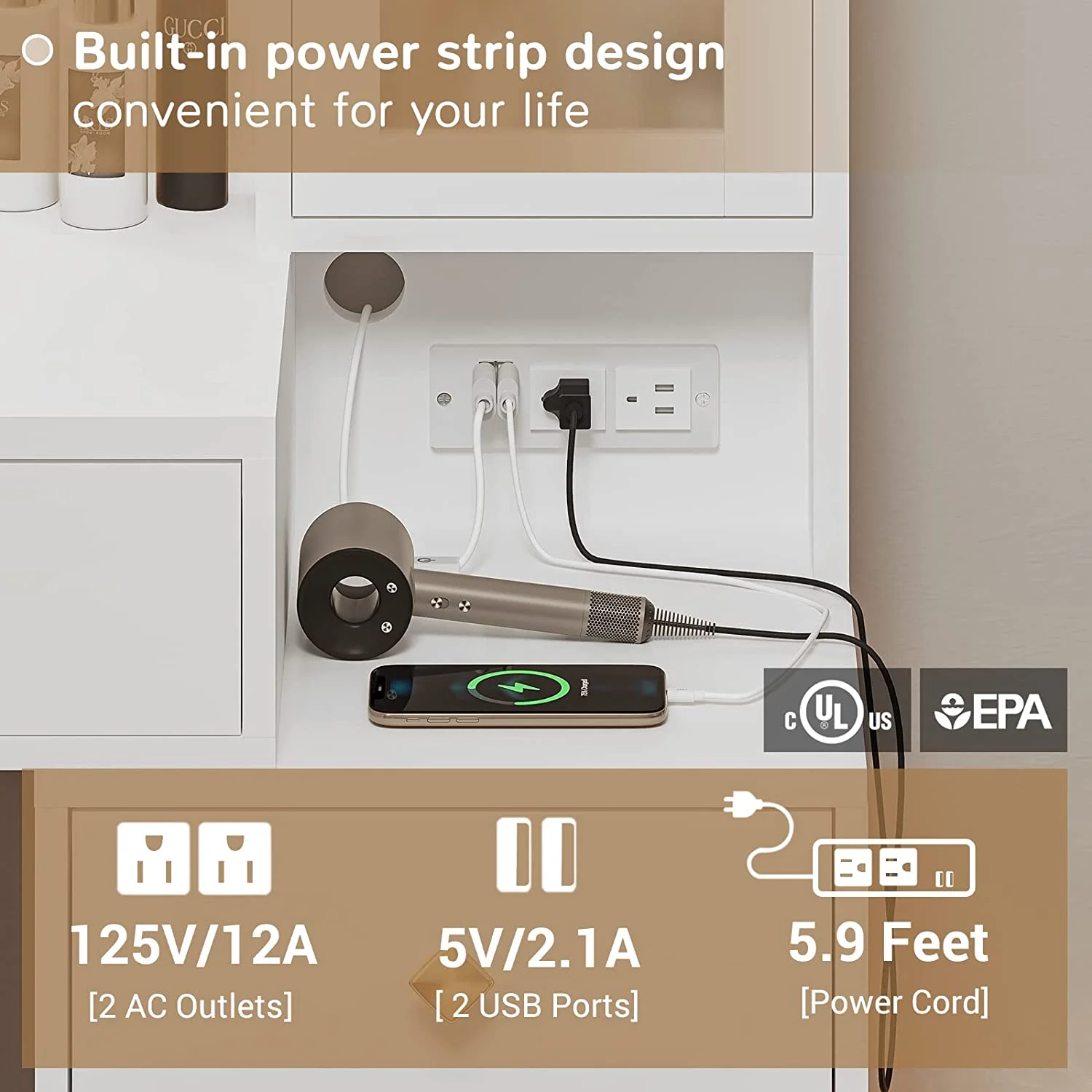 Afuhokles Large Makeup Vanity with Lights, Vanity Table with Charging Station Vanity Desk with Mirror and 10 LED Light Bulbs, 5 Drawers, White