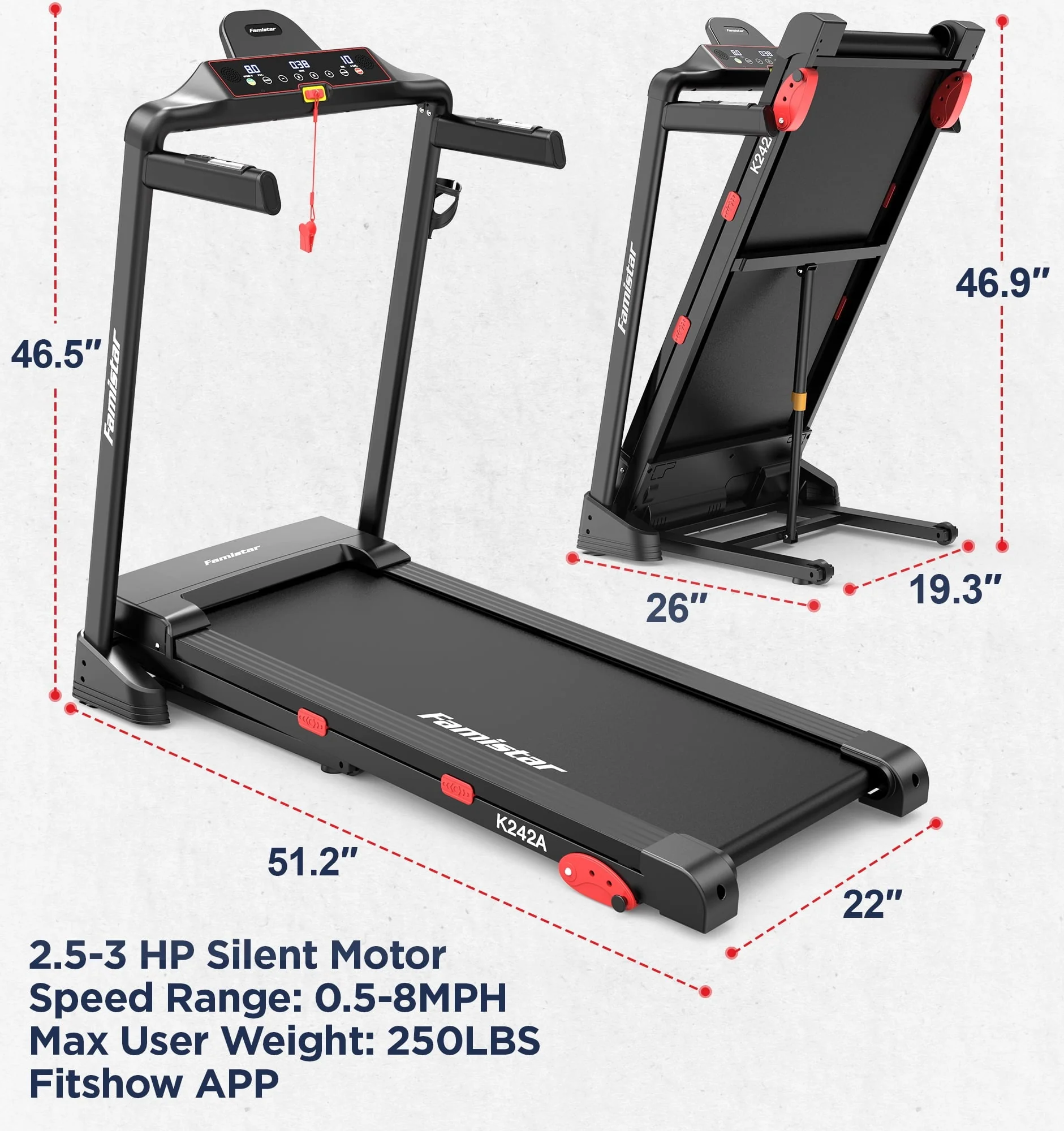 Folding Treadmill Clearance for Home with Adjustable Incline, Smart APP, 8MPH Speed, 250lbs, HiFi Bluetooth Speakers, 15 Programs 3 Modes, 3.0HP Foldable Compact Treadmill Walking Running Machine