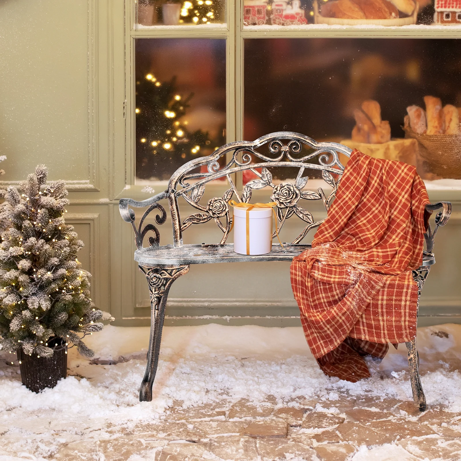 Ktaxon Outdoor Patio Park Garden Bench Courtyard Leisure Rose Cast Aluminum, Outdoor Loveset, Bronze