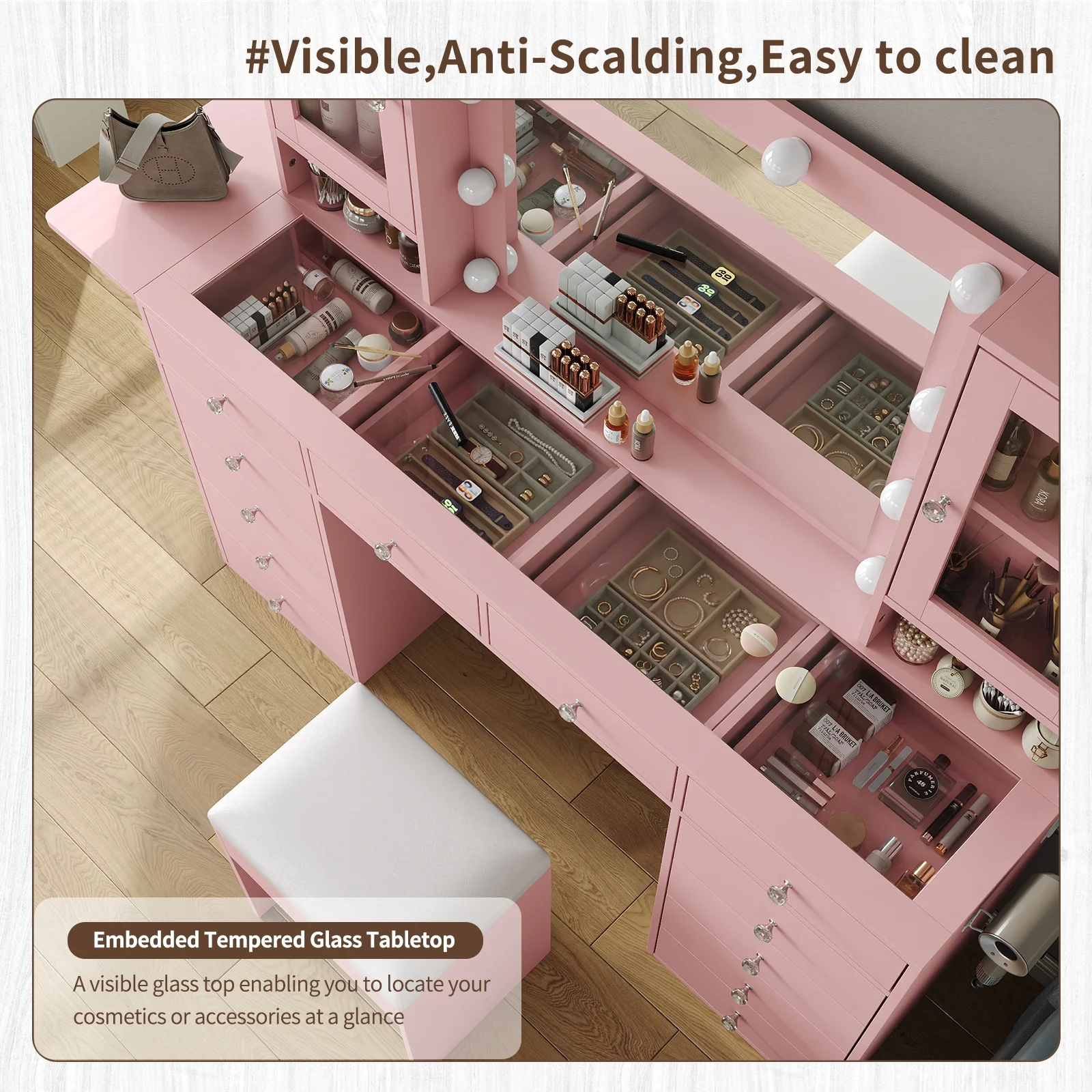 Vanity With Power Outlet, Vanity Desk With Mirror And 10 LED Lights, Makeup Vanity With 12 Drawers And 2 Cabinets, Fold-Up Panel, Glass Top Vanity Table With Chair For Bedroom