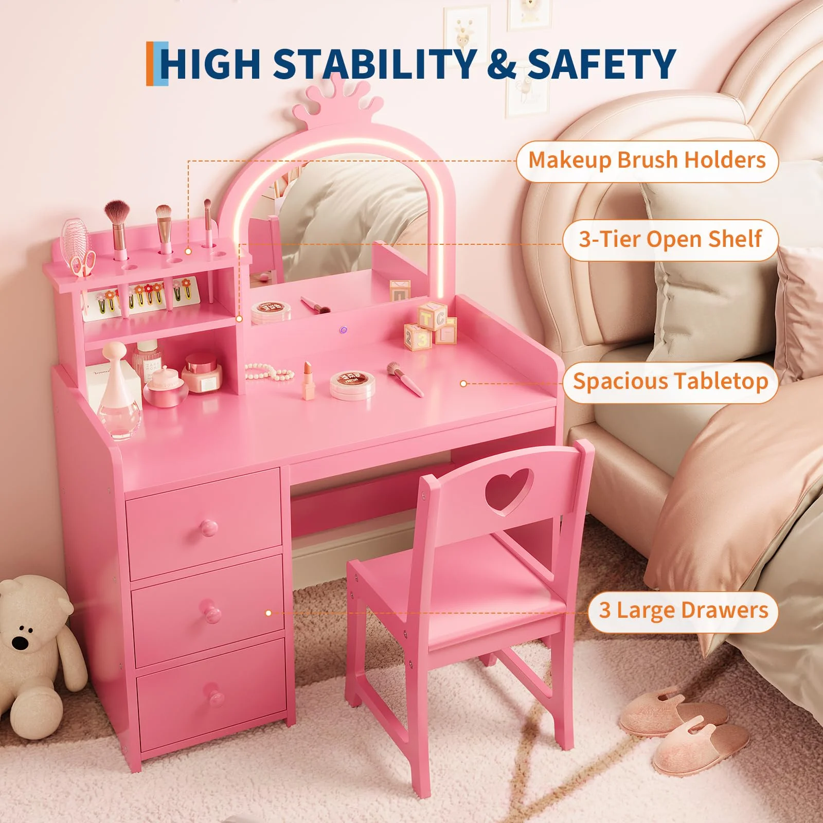 Yeshouse Princess Girls Makeup Vanity Table Set with Storage & Lights