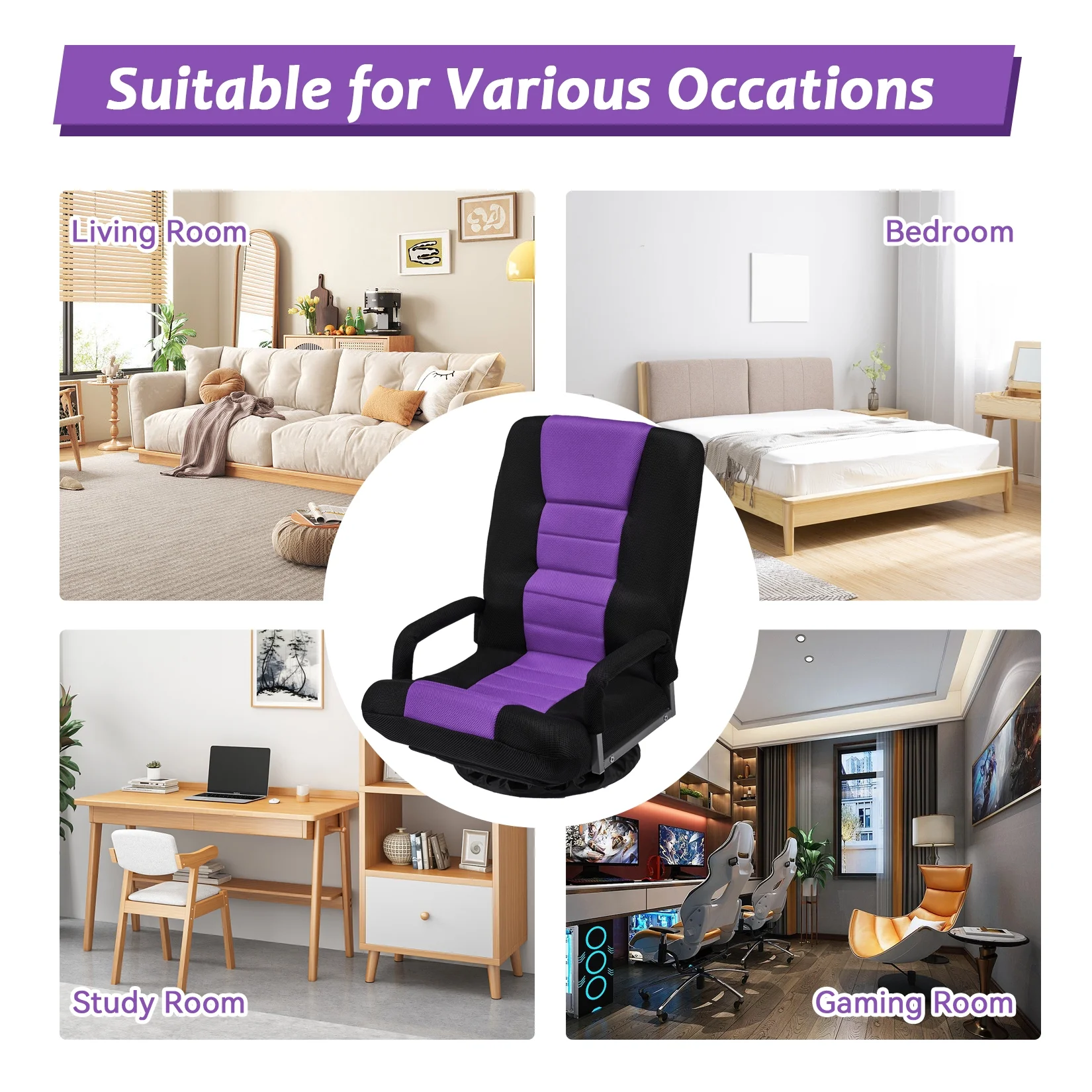 Avocahom Swivel Gaming Floor Chair w/ Armrest Handles, No Assembly gaming chair rocker, Folding Reclining Sofa w/6 Position Adjustable Backrest for Video Games, Watching TV, Reading,Blue