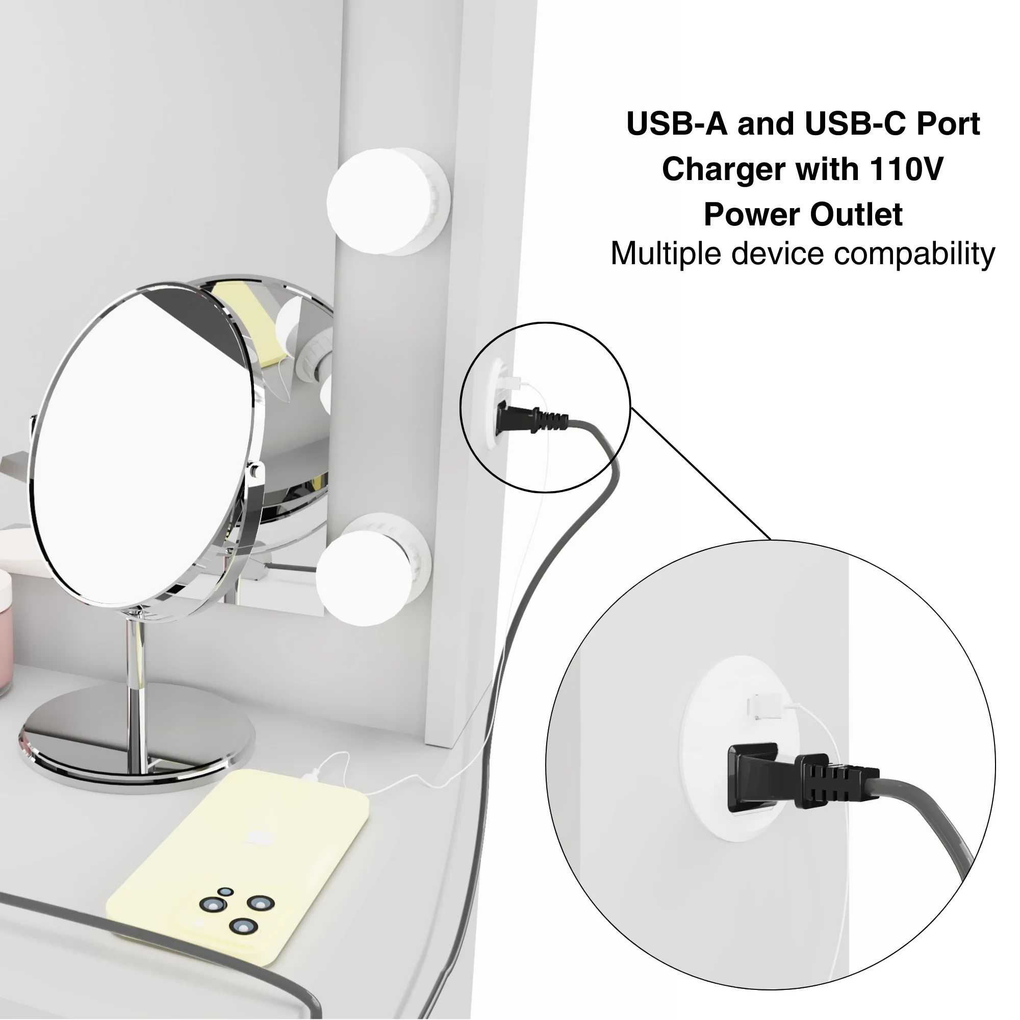 Boahaus GRWM Diana White Makeup Vanity with 7 Drawers, Mirror, Lights & Charging Station