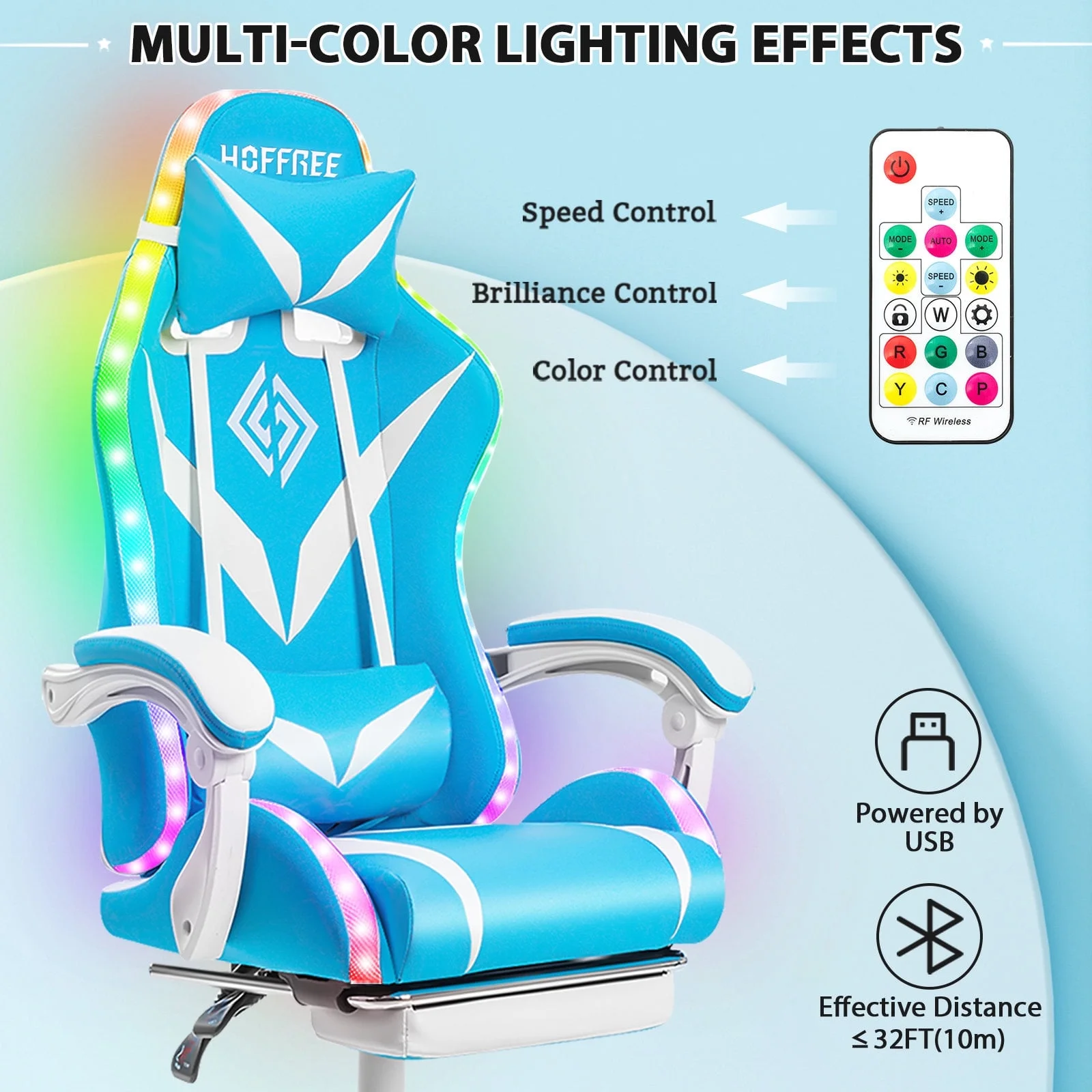Hoffree Gaming Chair with Speakers PU Leather Office Chair with Footrest and LED Lights Ergonomic Gamer Chair with Massage Lumbar Support and Headrest Adjustable Swivel for Home Office 300lb