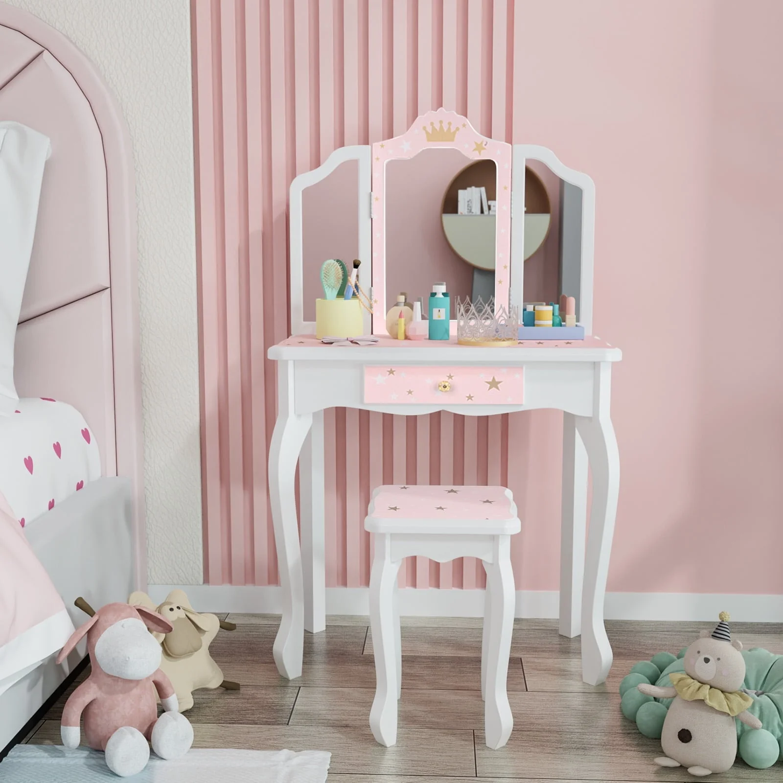 JOYMOR Kids Vanity Table and Stool for Makeup Dressing with Mirrors Drawers, White