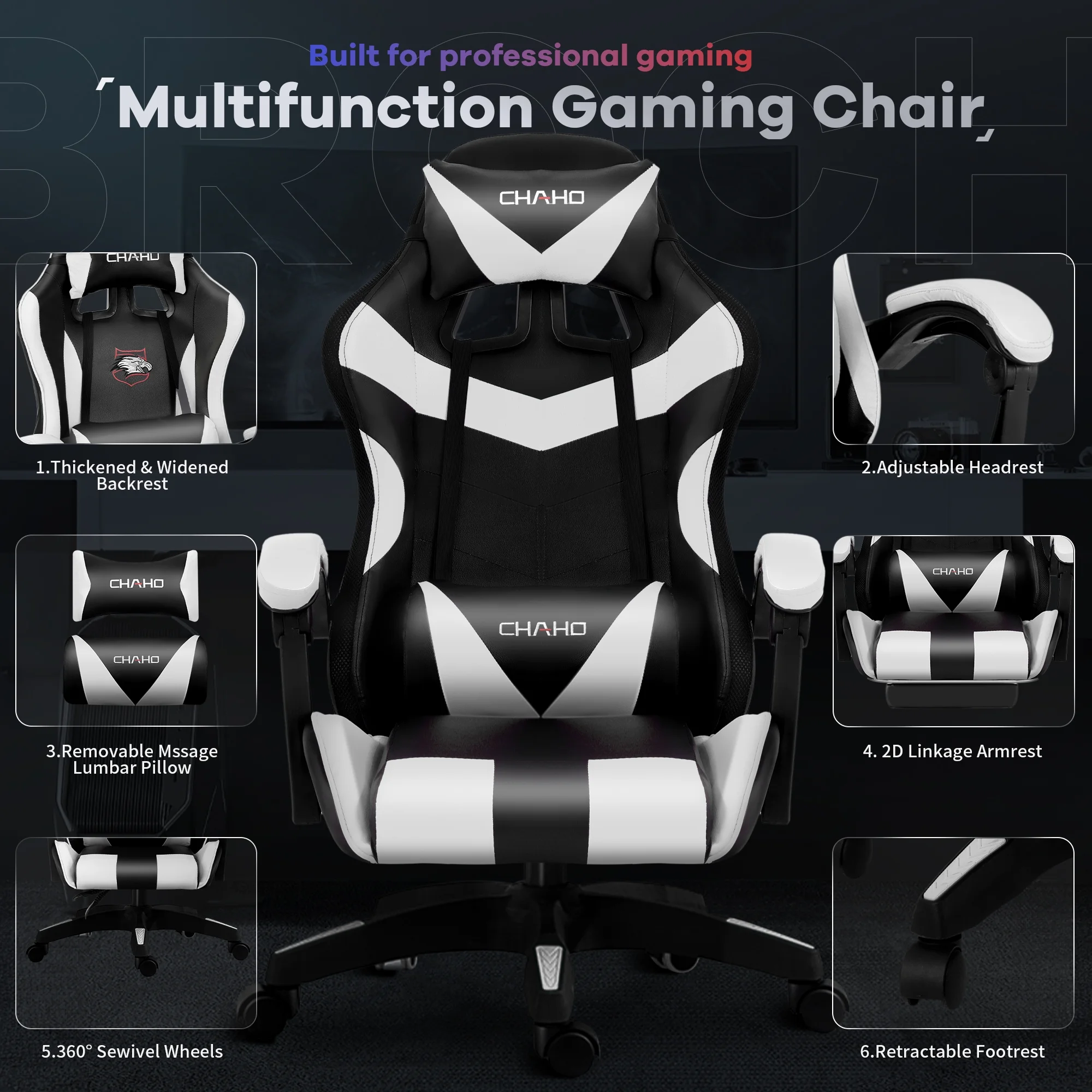Ergonomic Gaming Chair, CHAHO Gaming Chair with Speaker & LED Lights, Computer Racing Chair for Adults, PU Leather Office Chair with Footrest Lumbar Support Headrest, Red