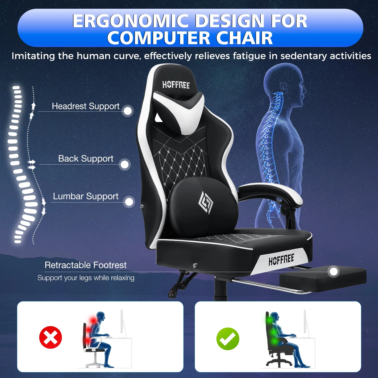 Hoffree Gaming Chair with Speakers PU Gamer Chair with footrest and massage Egonomic Computer Game Chair with Headrest and Lumbar Support for Adults and Office Gaming, 440 LBS