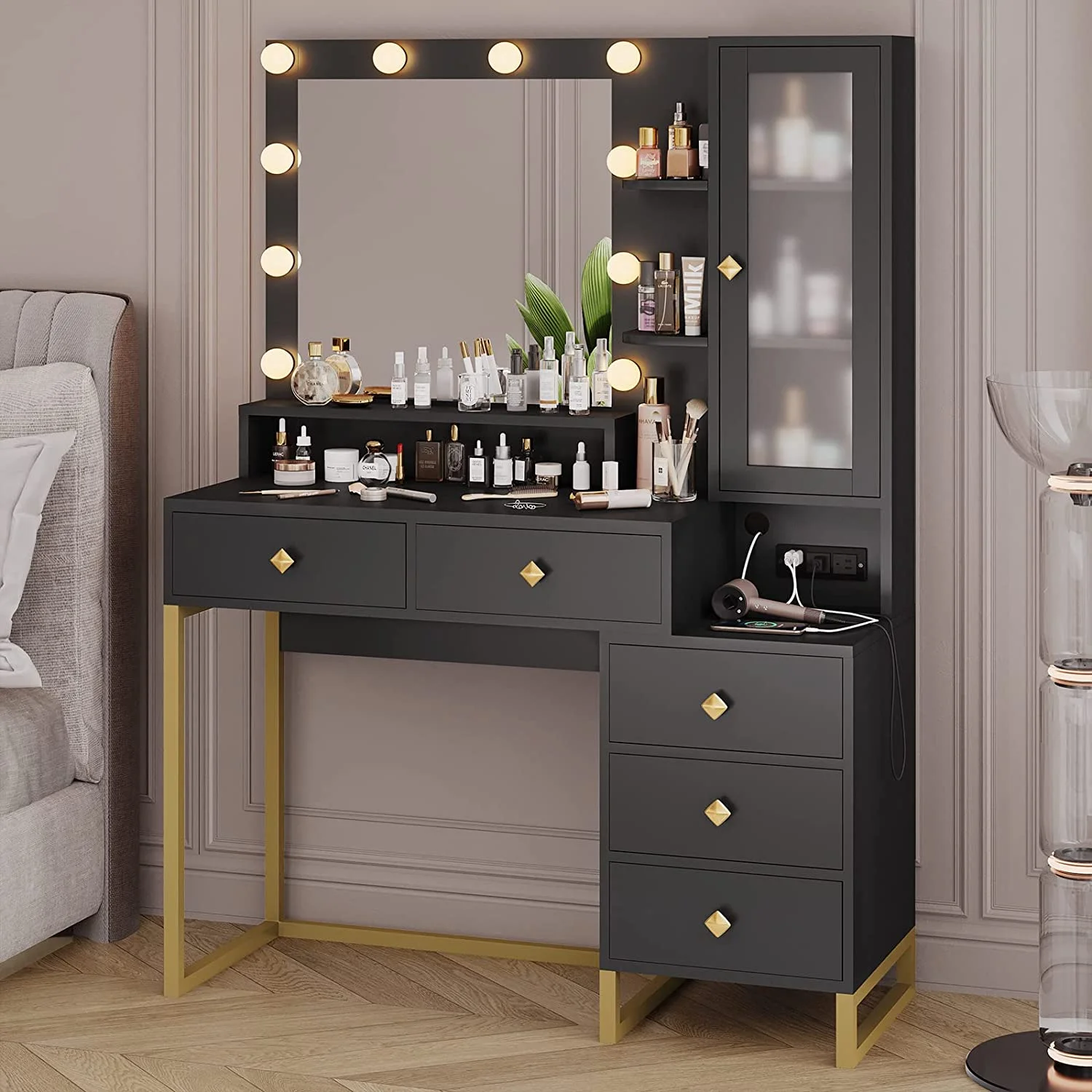 Afuhokles Large Makeup Vanity with Lights, Vanity Table with Charging Station Vanity Desk with Mirror and 10 LED Light Bulbs, 5 Drawers, White