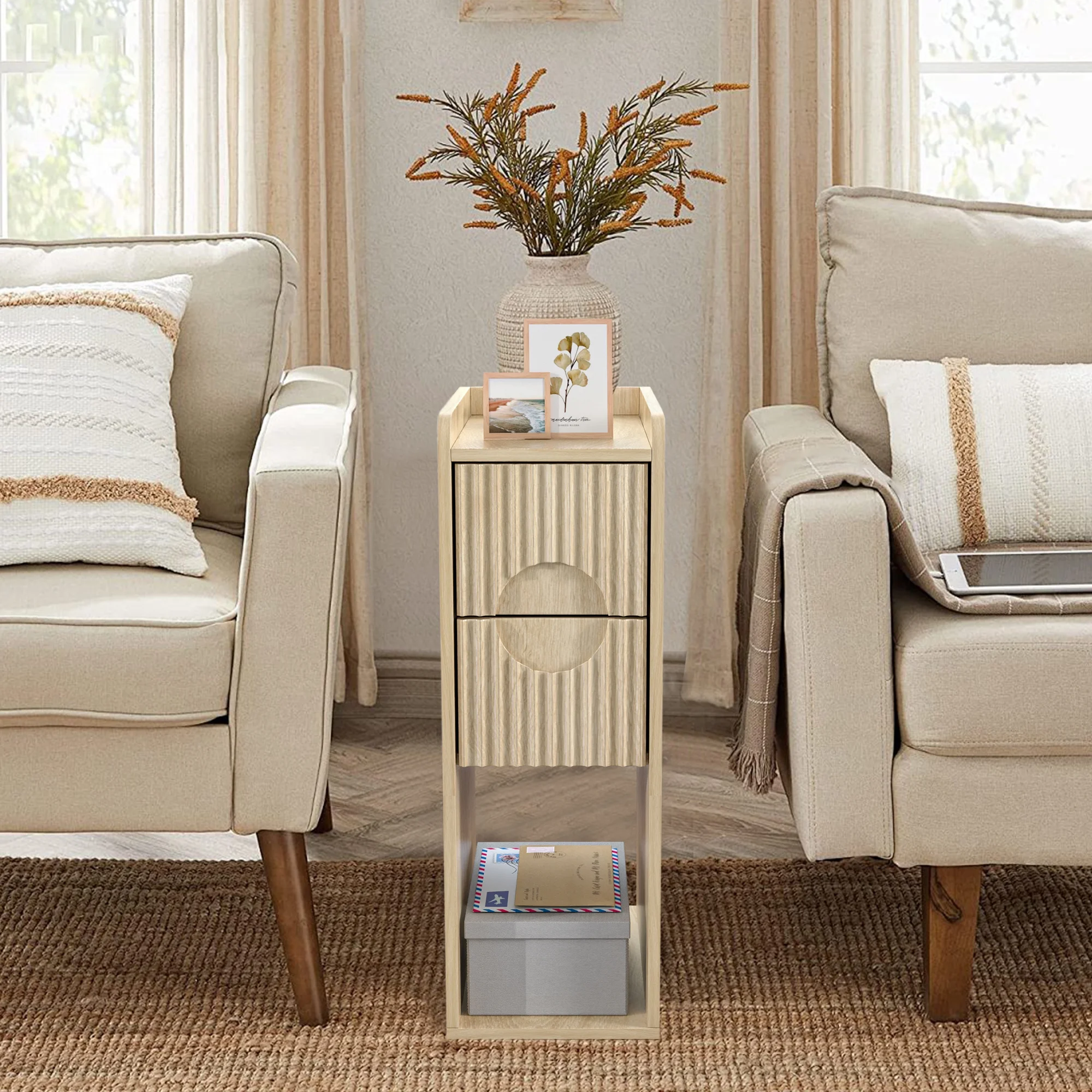 Narrow Nightstand Set of 2 with Drawers, Fluted Slim Side End Table with Storage for Small Spaces