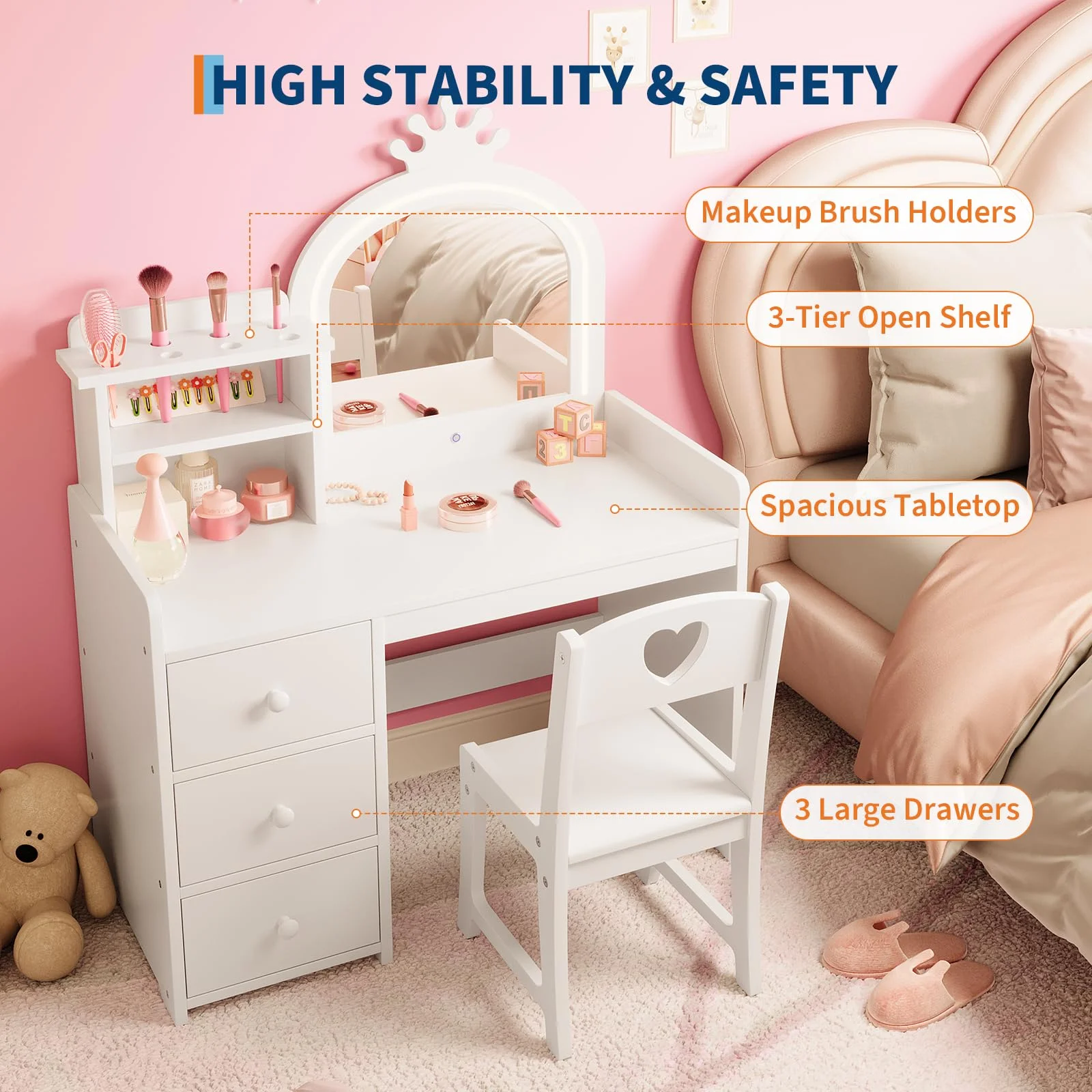 Yeshouse Princess Girls Makeup Vanity Table Set with Storage & Lights