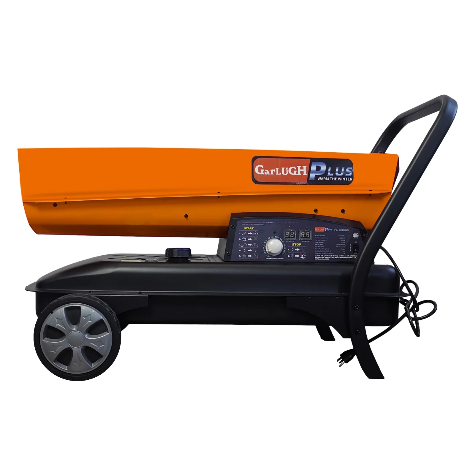 GarLUGH DHE220 Heavy-Duty Torpedo Forced Air Heater - 215,000 BTU, Portable, Kerosene/Diesel, Thermostat Control, Overheat Protection, for Jobsite, Garage, Construction, Farm, Orange, Steel