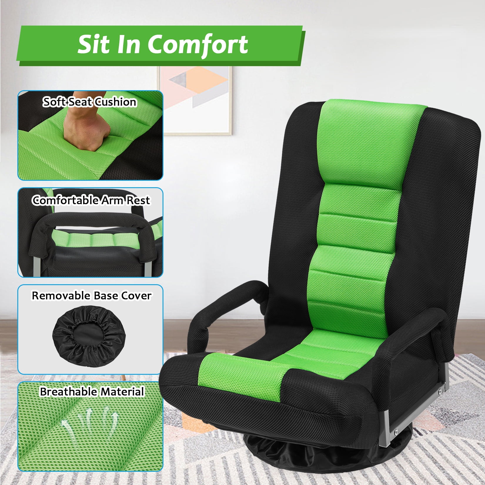 Avocahom Swivel Gaming Floor Chair w/ Armrest Handles, No Assembly gaming chair rocker, Folding Reclining Sofa w/6 Position Adjustable Backrest for Video Games, Watching TV, Reading,Blue