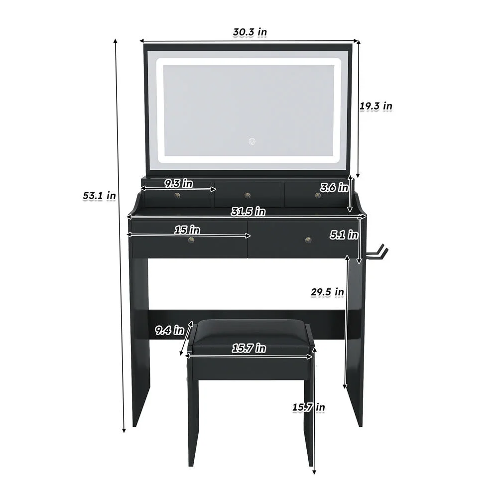 Kadyn Vanity Desk with Lighted Mirror, Vanity Table and Chair Set with 2 Drawers, Dressing Table Makeup Desk with 1 Door, Retro Gray