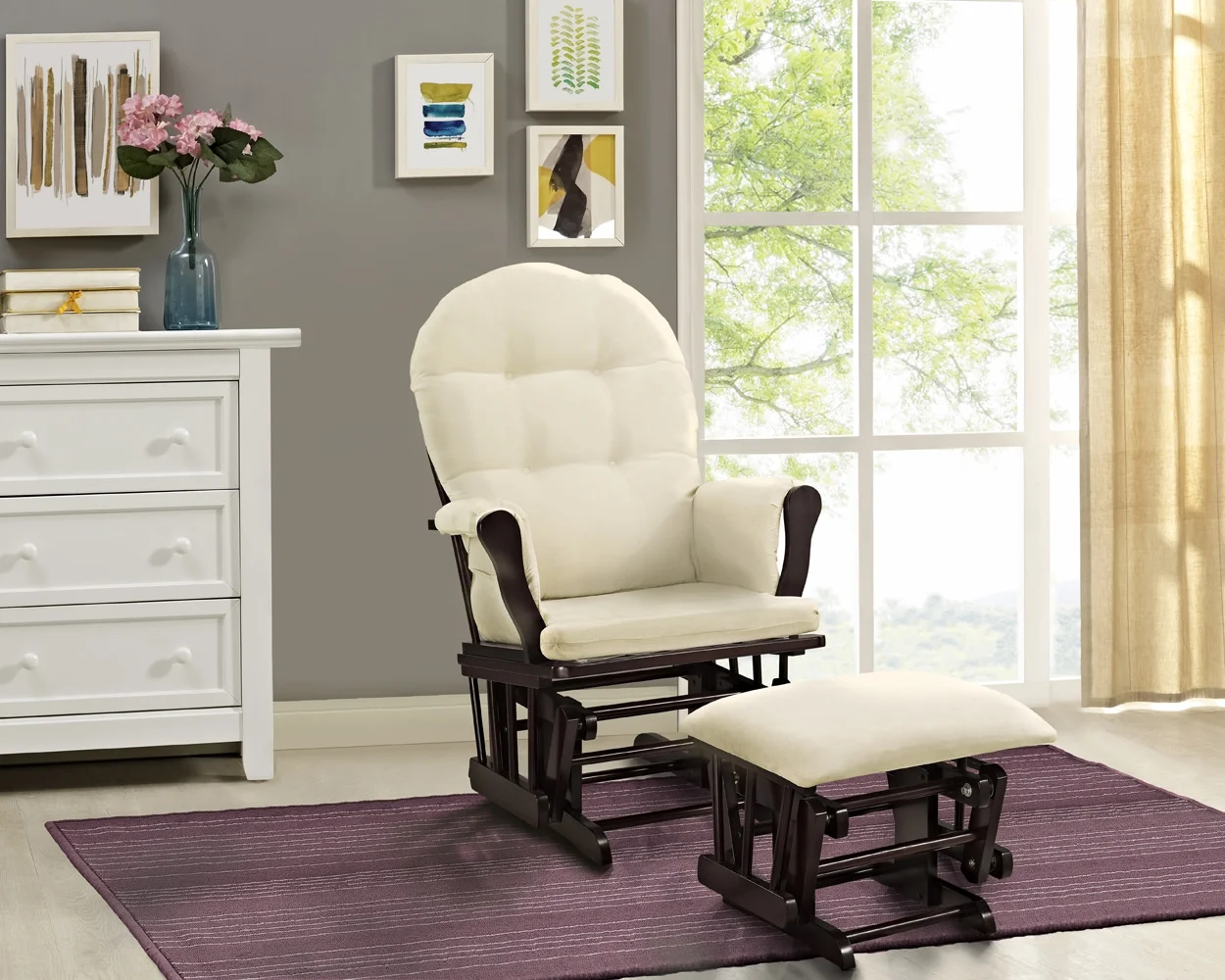 Angel Line Windsor Glider and Ottoman, Natural Finish with Gray Cushions