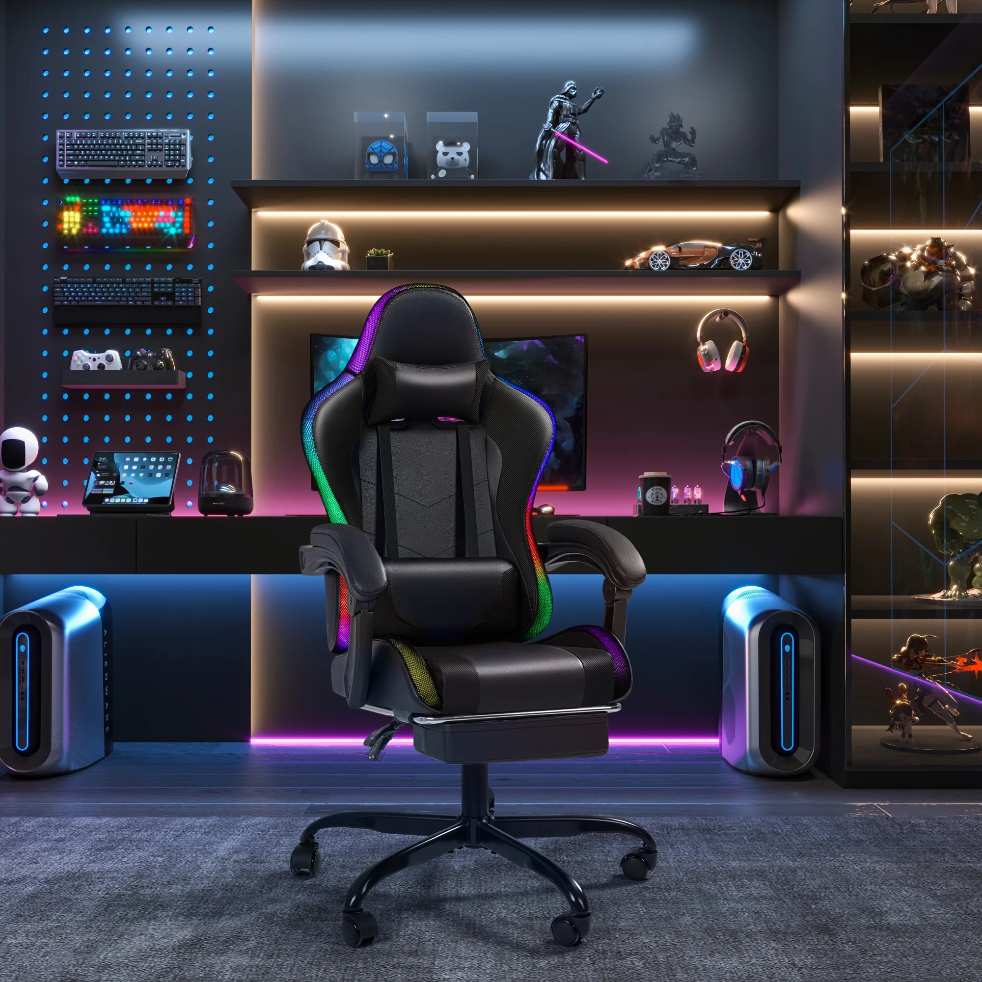 Homall RGB Gaming Chair with Massage and LED Lights Ergonomic Computer Chair with Footrest & Adjustable Lumbar Support, White