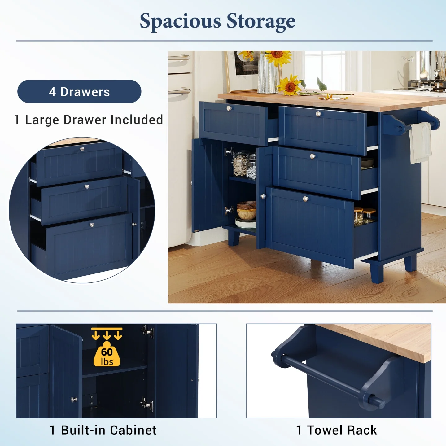 Kitchen Island with Storage, Portable Kitchen Island on Wheels with Drop-Leaf and 2 Stools, Built-in 4 Drawers and Towel Rack, Rolling Kitchen Island Cart for Home, Kitchen and Dining Room, White