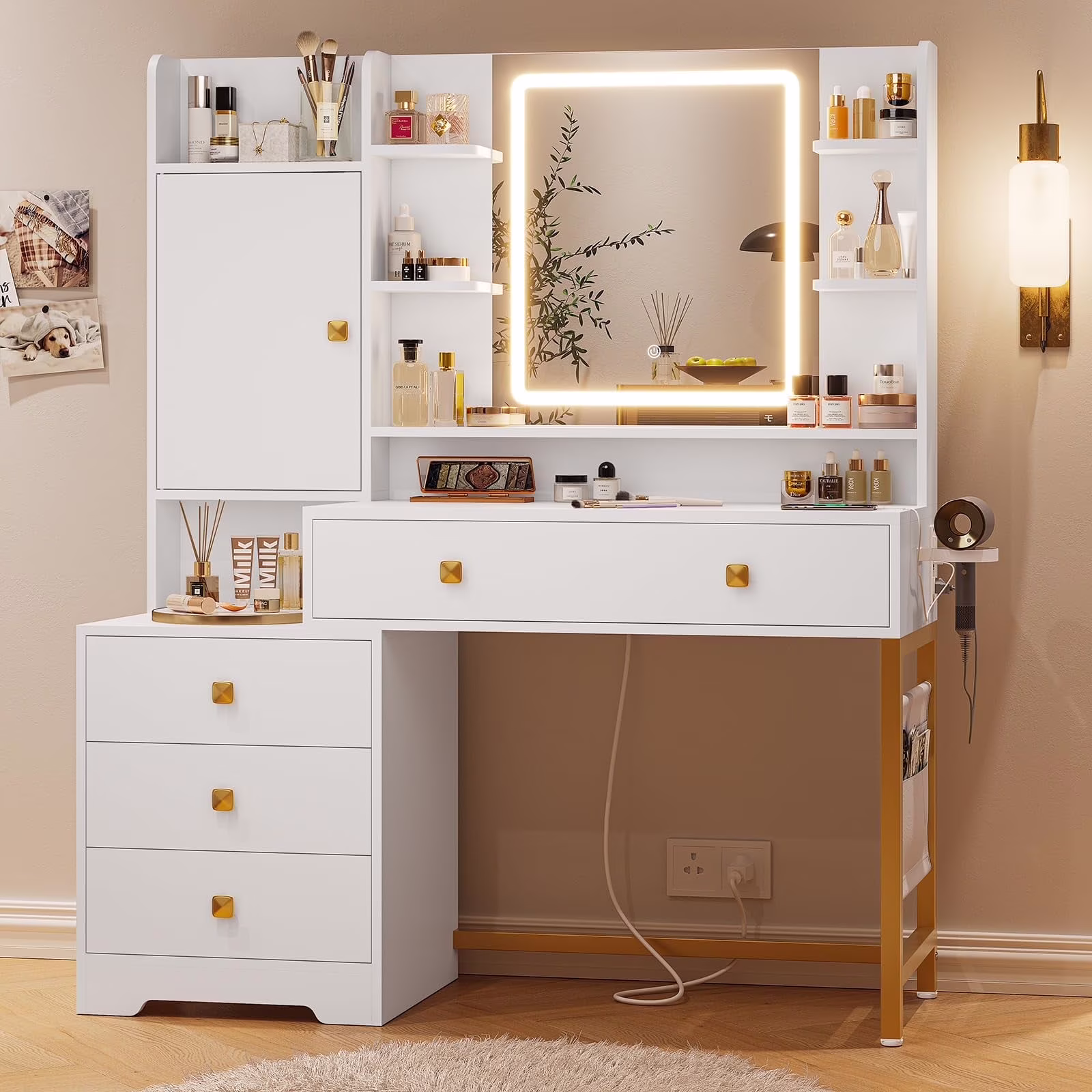 Makeup Vanity Desk with Lighted Mirror & Charging Stations & 6 Drawers Large Vanity Table Bedroom Dressing Table with Glass Tabletop&Side Cabinet&Glass Tabletop, Black