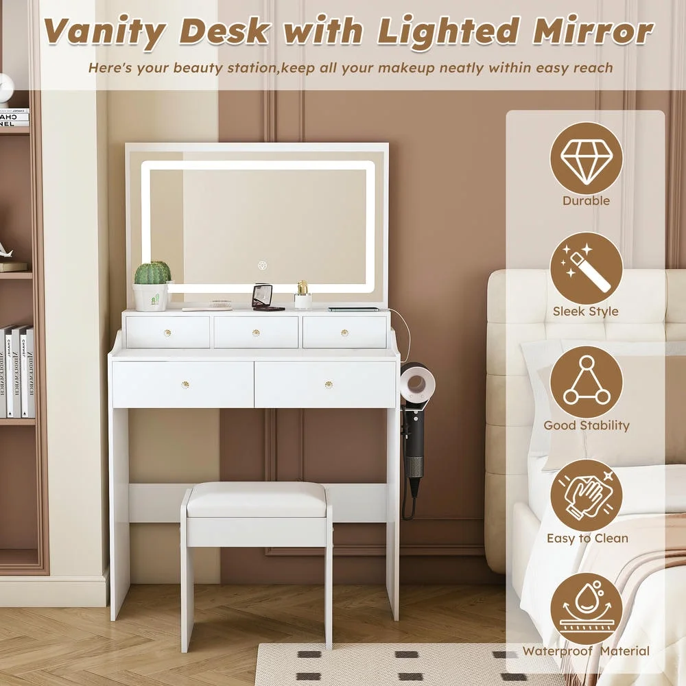 Kadyn Vanity Desk with Lighted Mirror, Vanity Table and Chair Set with 2 Drawers, Dressing Table Makeup Desk with 1 Door, Retro Gray