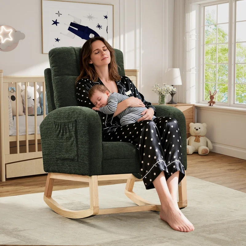 FFH Rocking Chair Nursery, Tufted Accent Rocker Chair, Upholstered Armchair with Adjustable Footrest, Side Pocket, High Backrest, Padded Seat, Polyester Blend (Retro, Dark Gray)