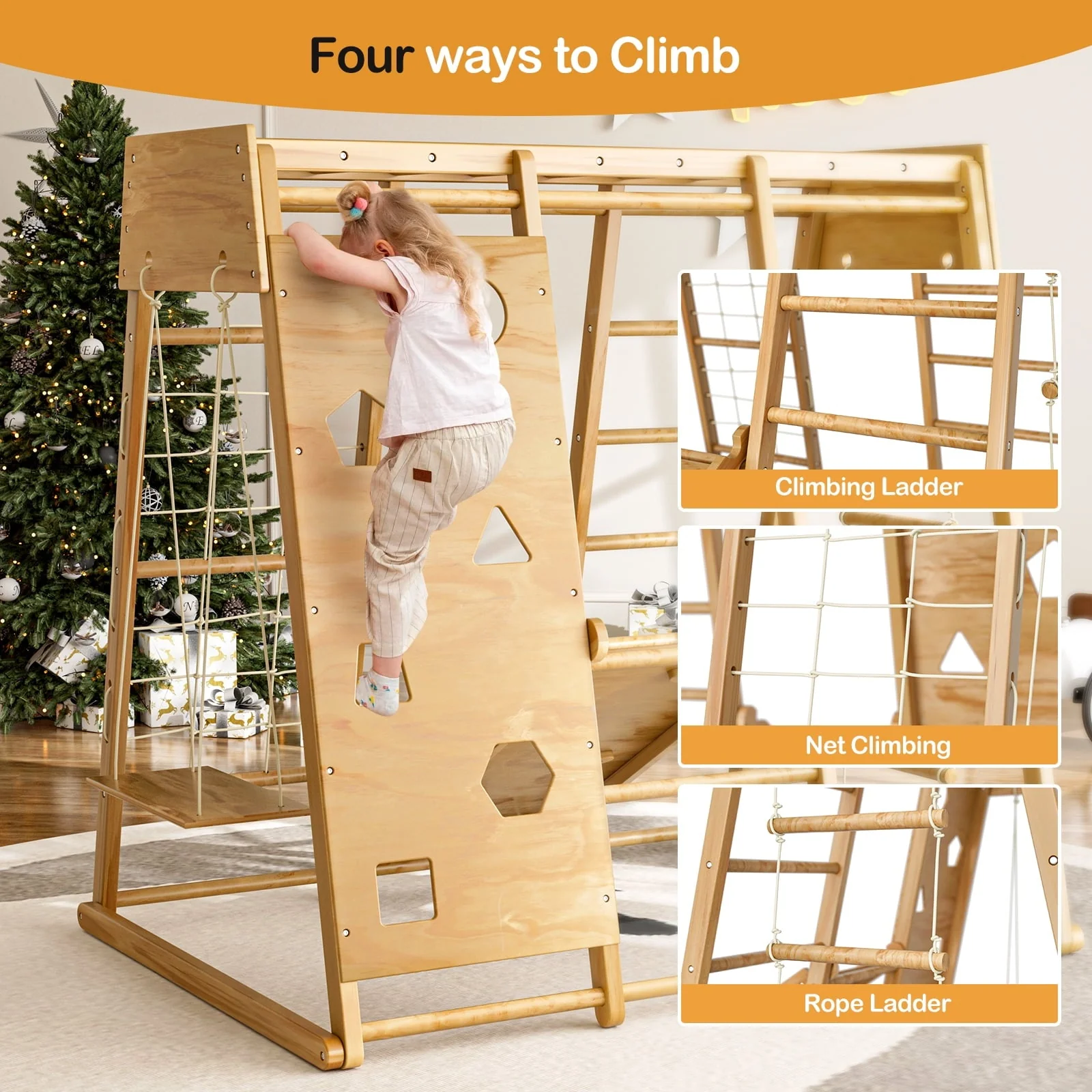 GIKPAL 8-in-1  Wooden Indoor Kids Playground Jungle Gym with Slide, Toddlers Wooden Climber with Slide Playset, Wooden Rock Climbing Wall with Rope Wall Climb, Monkey Bars, and Swing for Kids