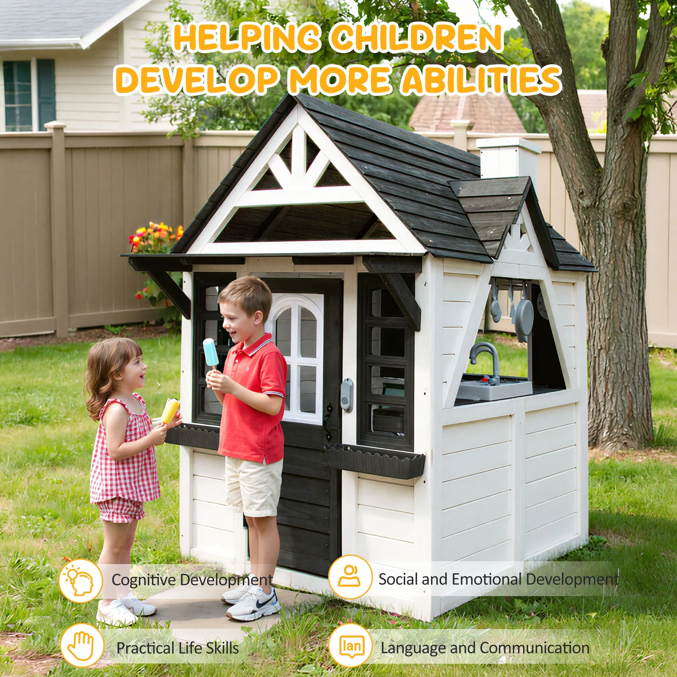 COCLUB Outdoor Playhouse for Kids Ages 4-8, Wooden Play House with Doorbell, Phone, Kitchen Toys, Outdoor Kids Play Equipment, Casa Para Ni?as (45��L x 65��H), White & Black