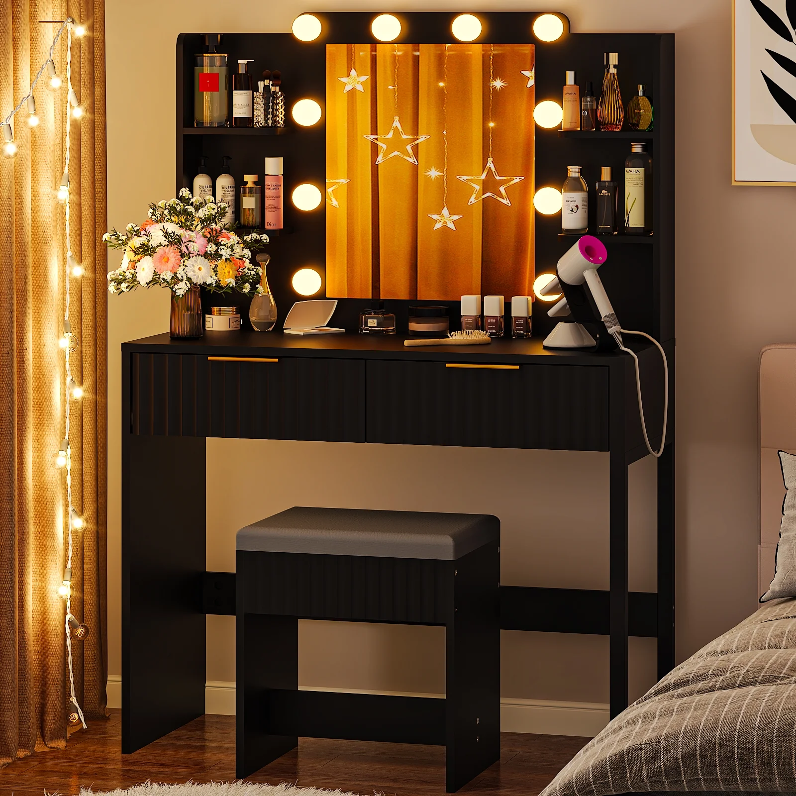 Ktaxon Lighted Makeup Vanity, White Vanity Table Set with 2 Drawer and Charging Station, Femal Gift