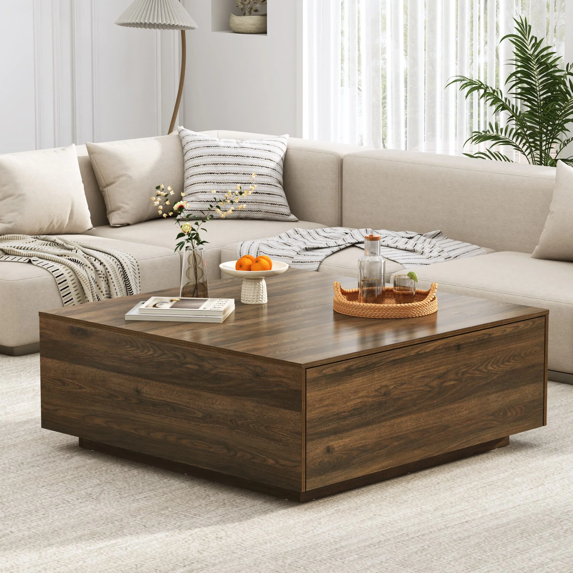 Blotout Square Coffee Table with 2 Large Drawers, 43