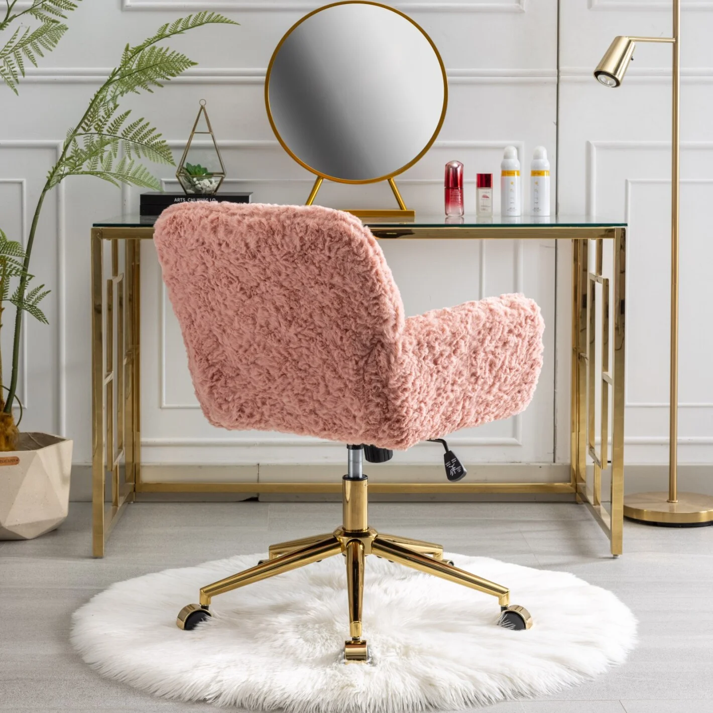 Furniture Office Chair,  Artificial Rabbit Hair Makeup Vanity Chair Chair, 360 Comfy Swivel Armchair with Wheels, Modern Height Adjustable Cute Vanity Chair for Living Room Small Spaces Pink
