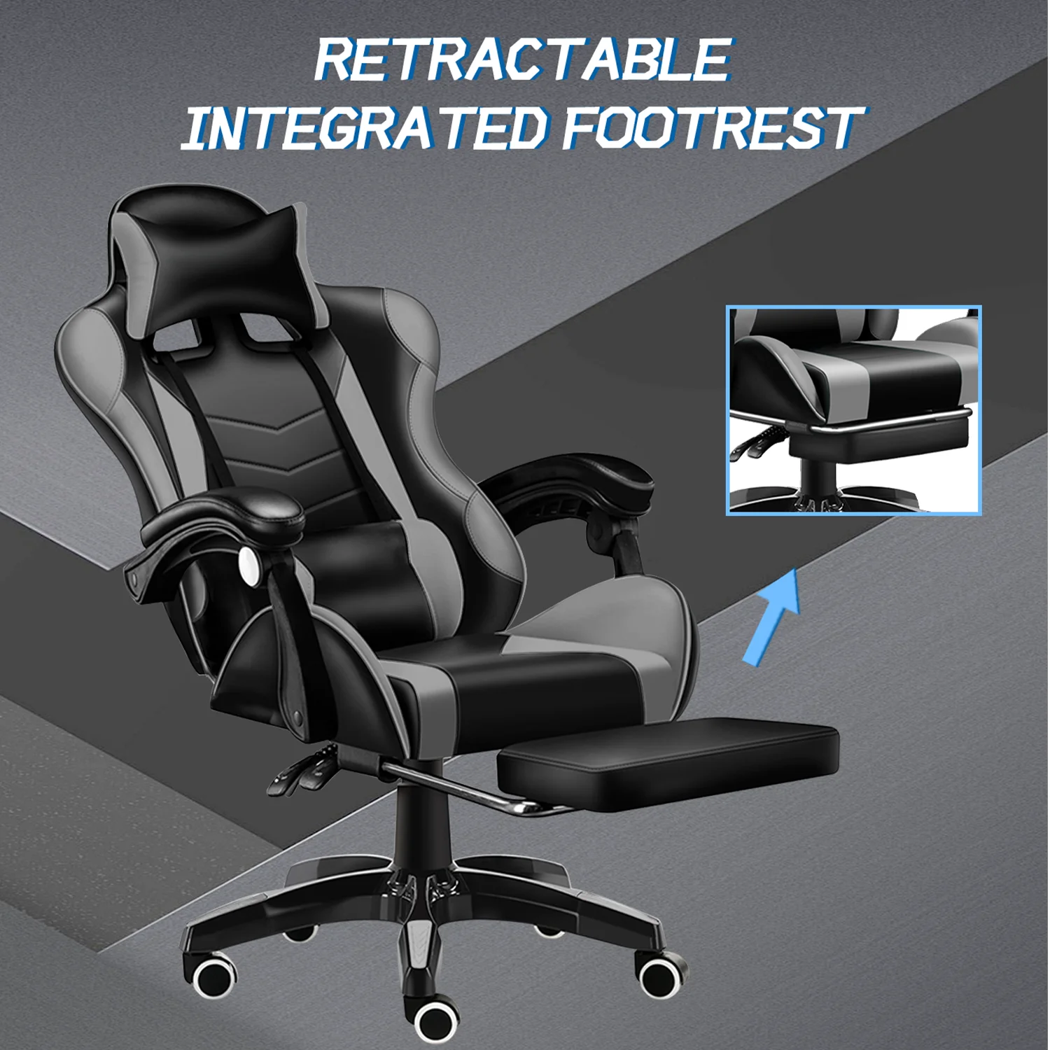Gaming Chair with Adjustable Footrest,Eighteentek High Back Office Chair with Lumbar Support & Adjustable Headrest Video Game Chairs for Adults Black