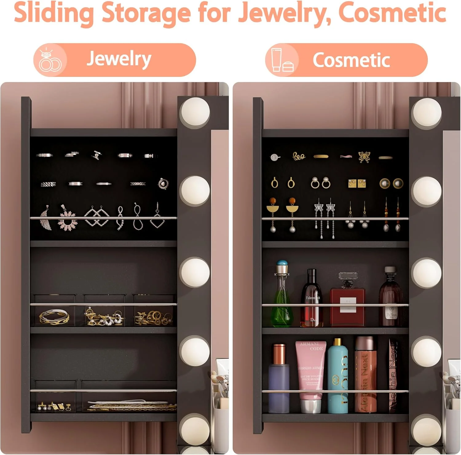 Linor Modern Adult Vanity Desk Set with Mirror, 14 LED Lights, 11 Drawers, Glass Top, White