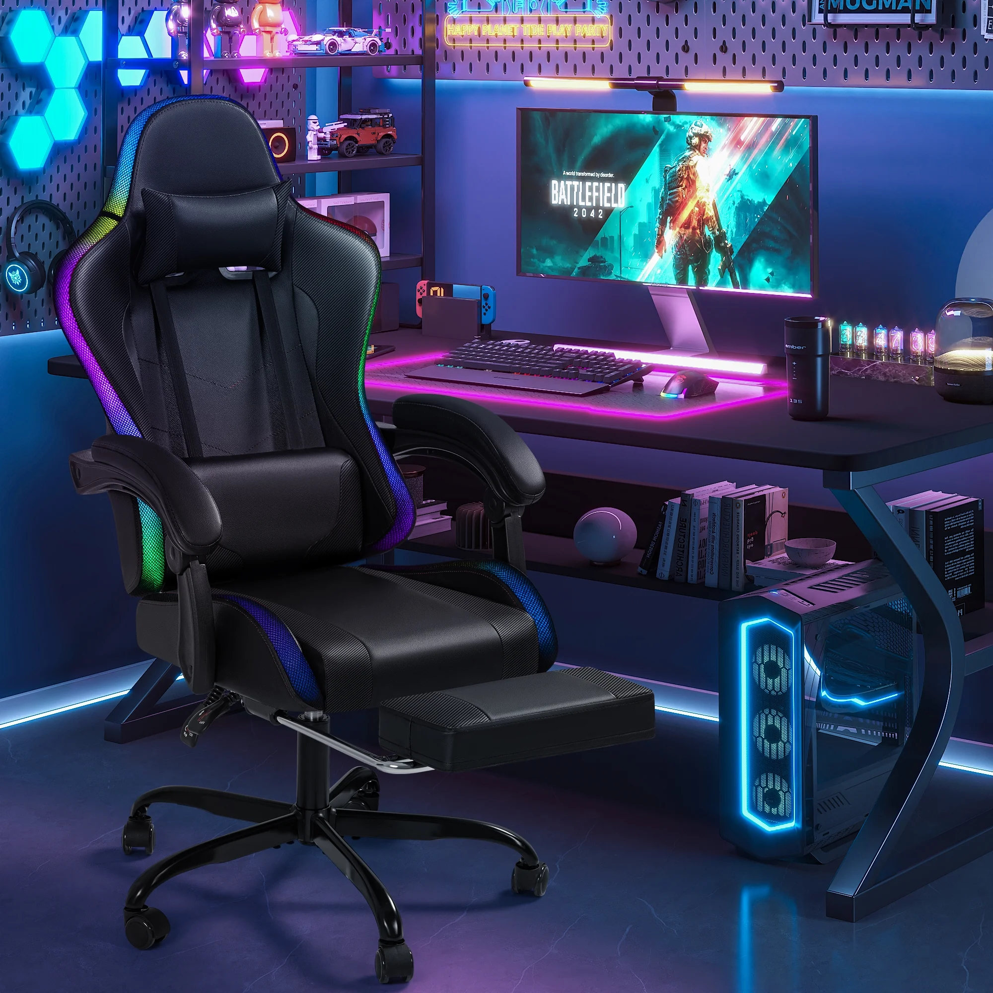Homall RGB Gaming Chair with Massage and LED Lights Ergonomic Computer Chair with Footrest & Adjustable Lumbar Support, White