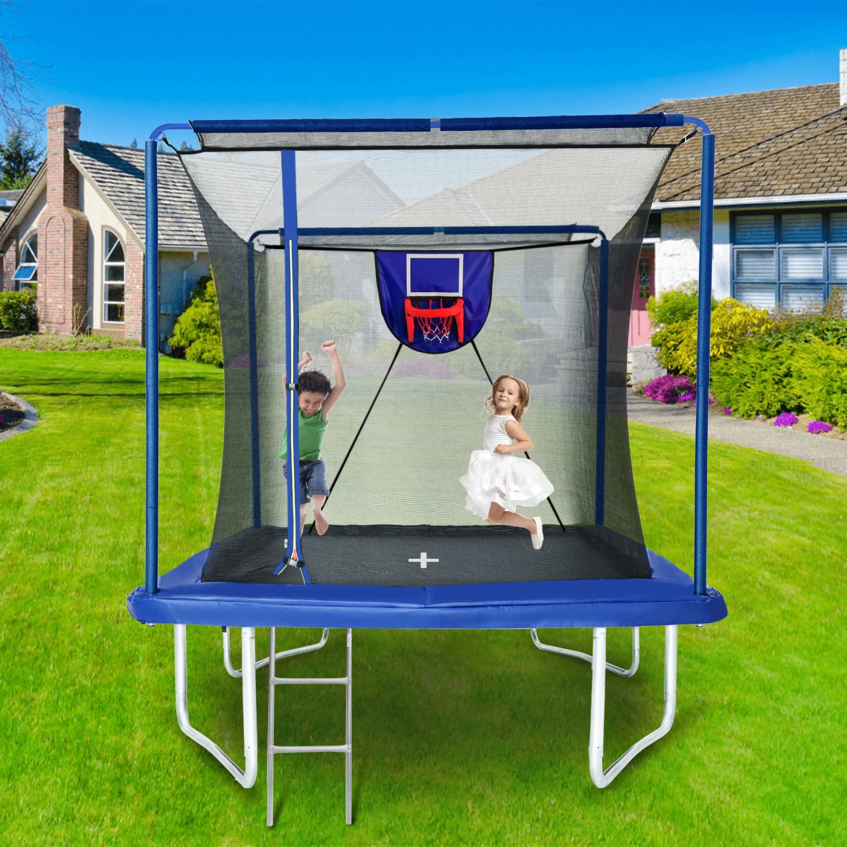8ft��12ft Rectangular Trampoline with Adjustable Height  Basketball Board,Ball Inflater and Ladder-Blue,ASTM Standard Tested and CPC Certified