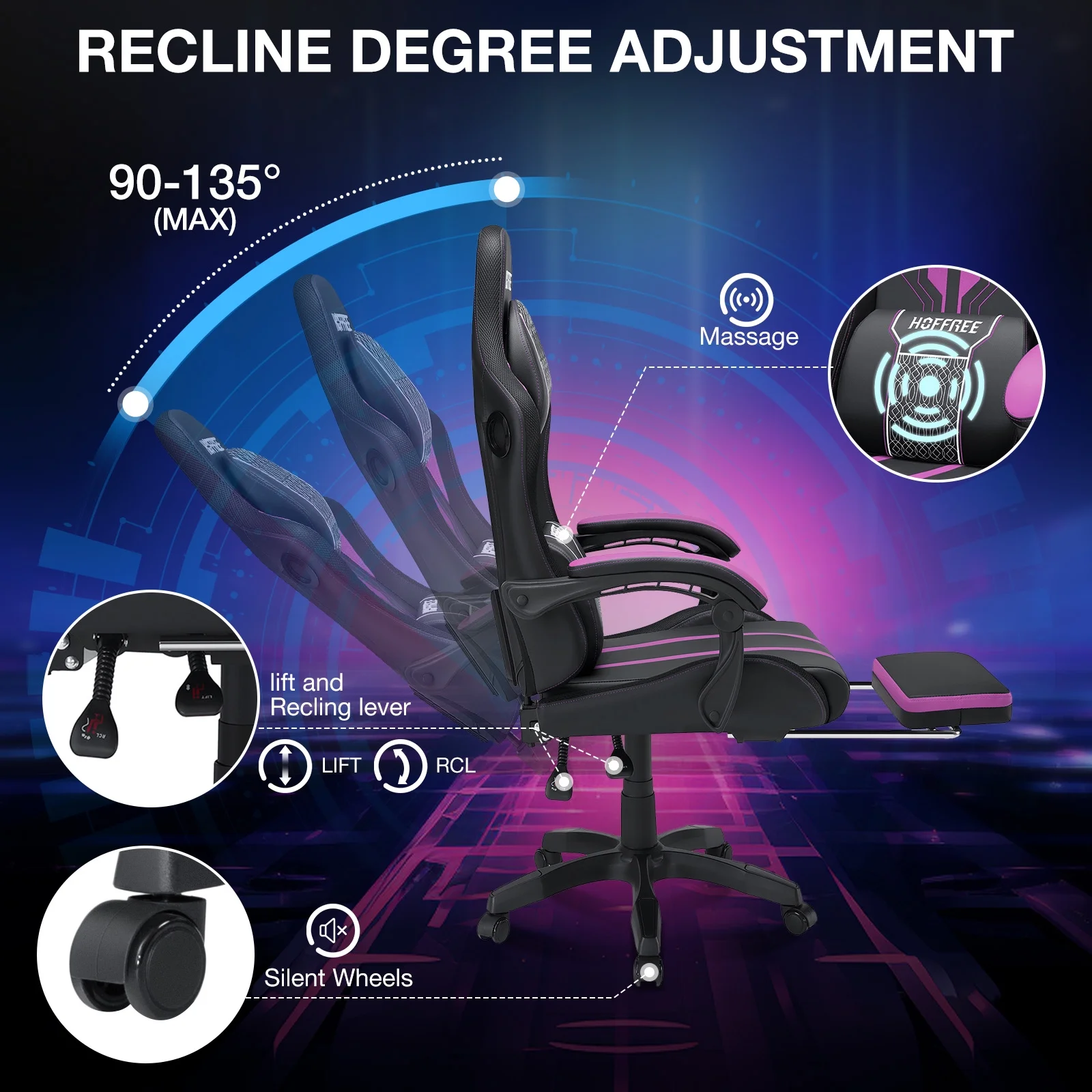 HOFFREE Big and Tall Gaming Chair with Speakers and RGB Lights, Gamer Chair with Footrest, Lumbar Support Height Adjustable 360-Swivel Seat and Headrest for Adults, 400lbs