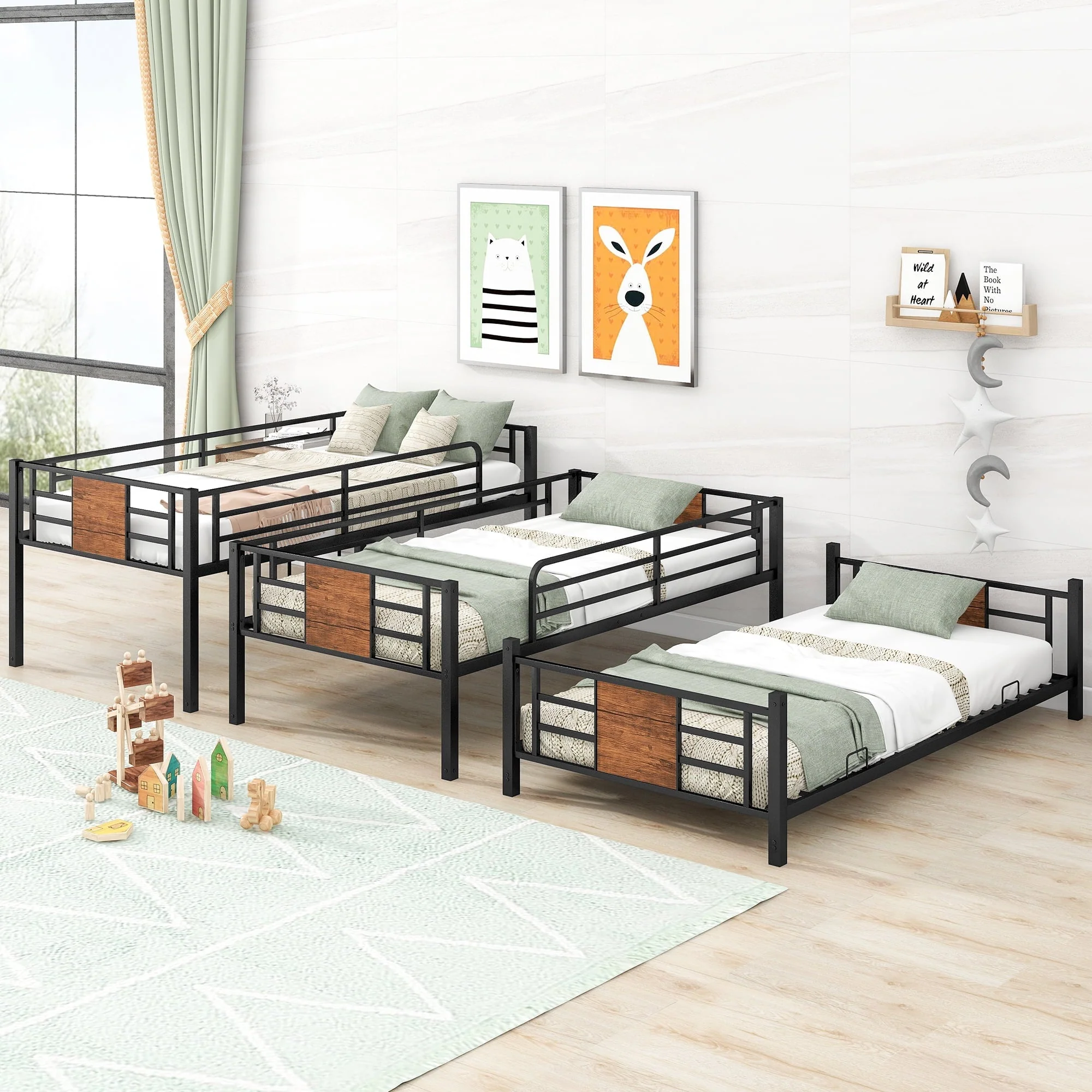 Euroco Metal Twin over Twin over Twin Bedroom Bunk Bed, Triple 3-in-1 Bed, Brown