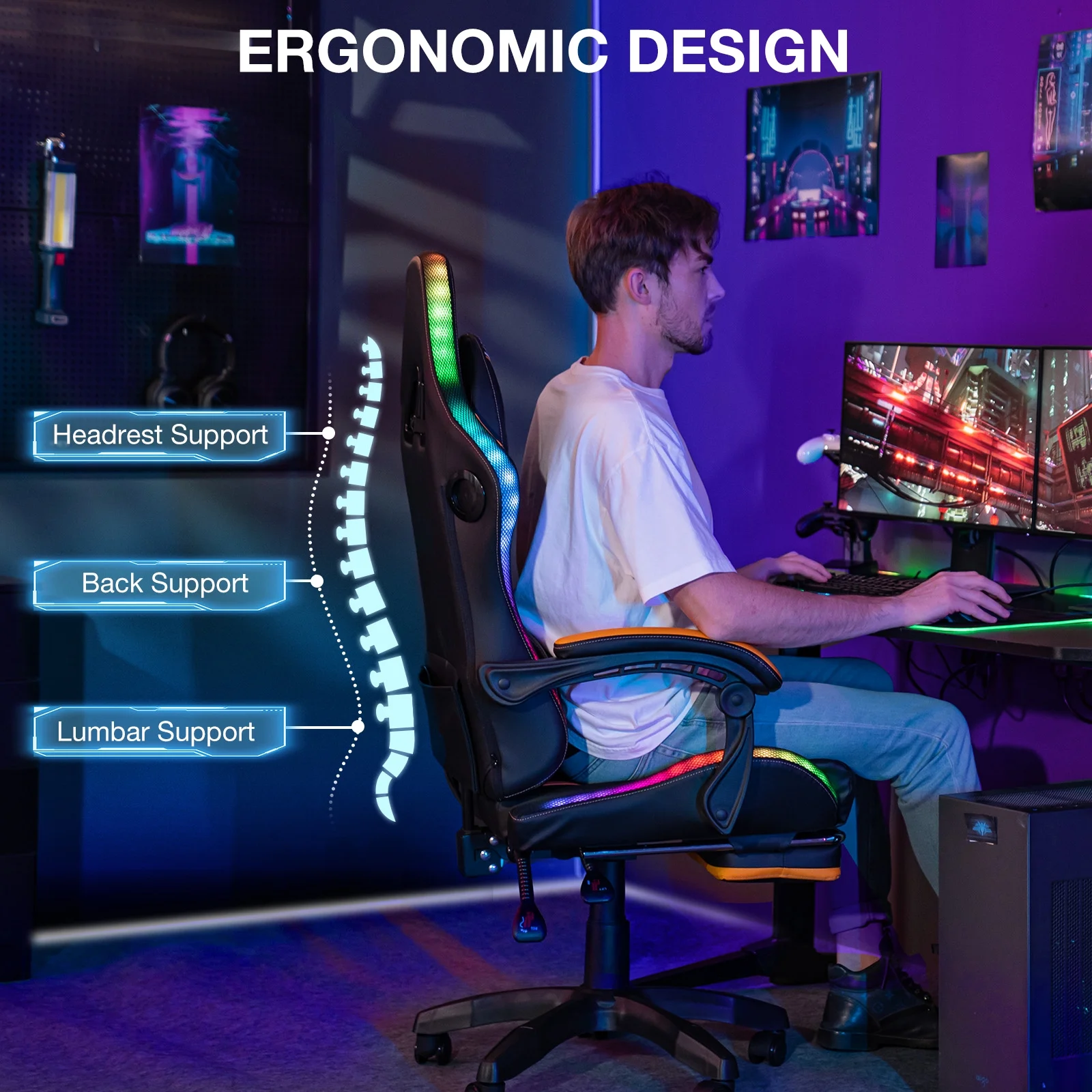 HOFFREE Big and Tall Gaming Chair with Speakers and RGB Lights, Gamer Chair with Footrest, Lumbar Support Height Adjustable 360-Swivel Seat and Headrest for Adults, 400lbs