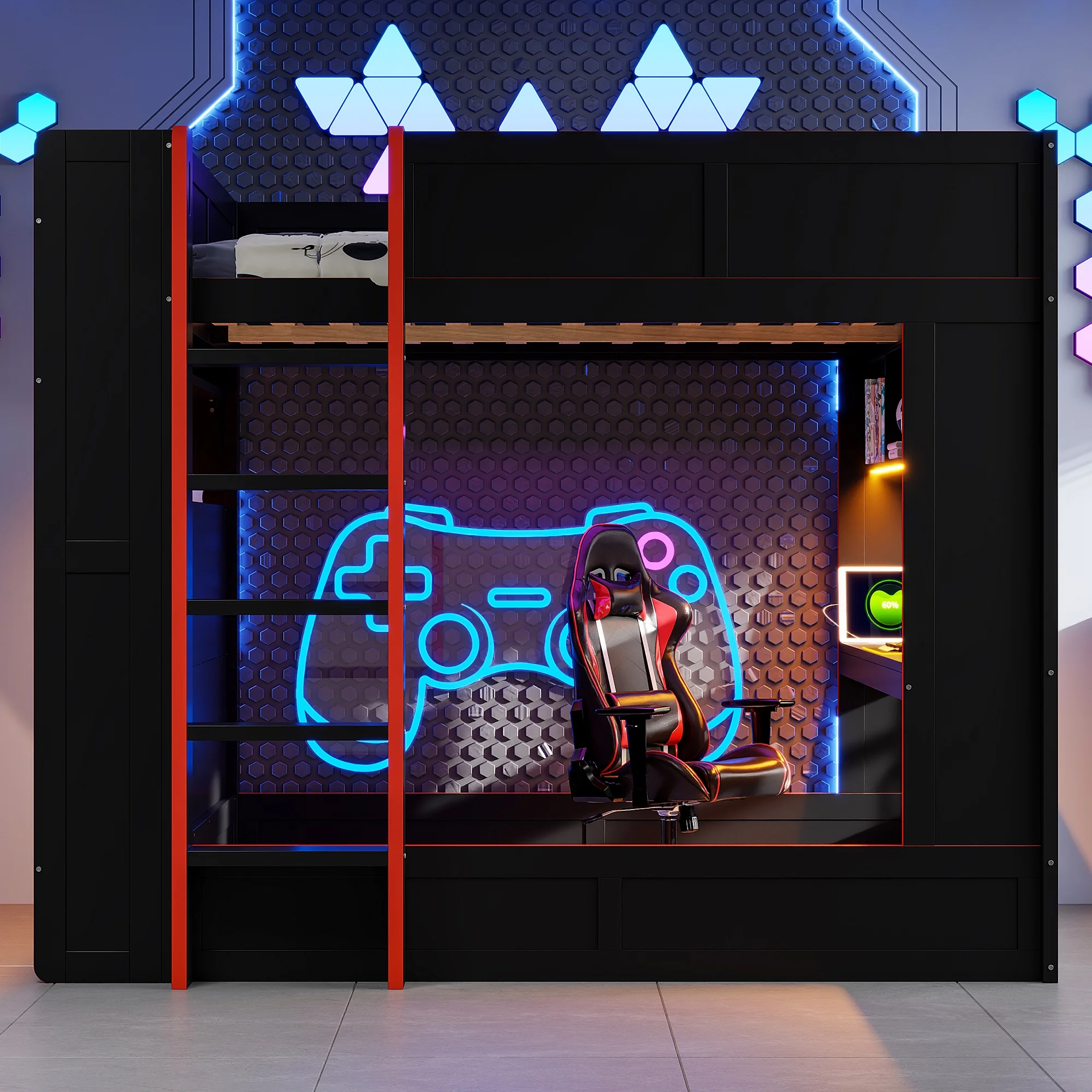 Euroco Wood Full Size Loft Bed with Desk and Shelves, Gaming Bunk Bed with LED Light and USB Charging, Black