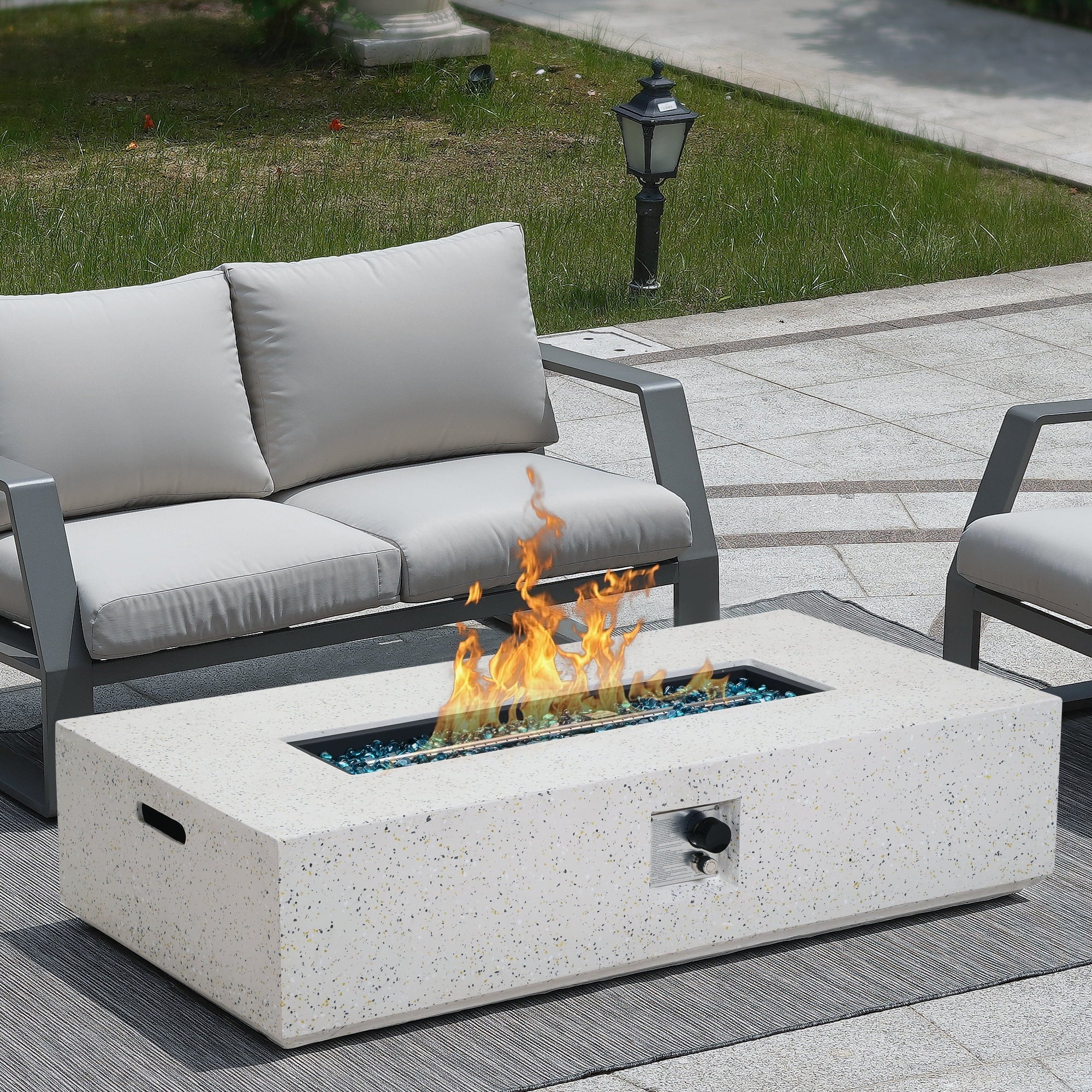 ESSENTIAL LOUNGER 56 inch Concrete Propane Fire Pit Table, 50,000 BTU Outdoor Firepit Rectangular Table for Garden＆Patio, with Propane Tank Metal Stand, Fire Glass Beads and Waterproof Cover, White